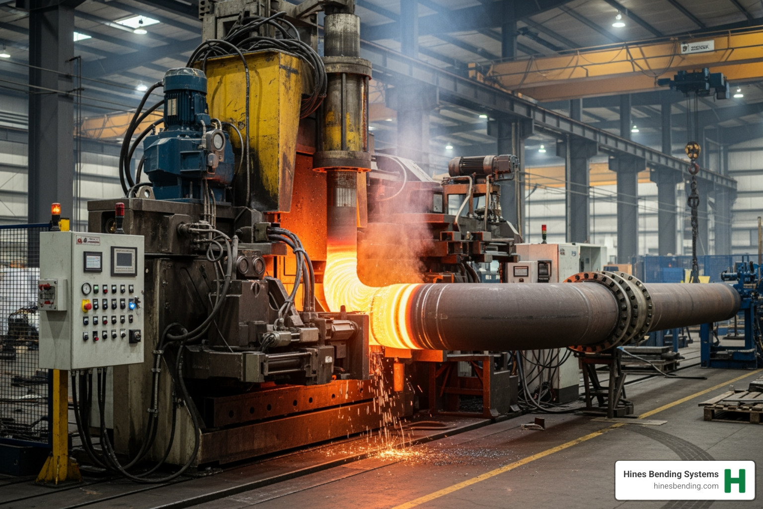 A large-scale induction bender precisely forming a massive pipe, highlighting the heating coil and bending arm - Pipe bending solutions A large-scale induction bender precisely forming a massive pipe, highlighting the heating coil and bending arm - Pipe bending solutions