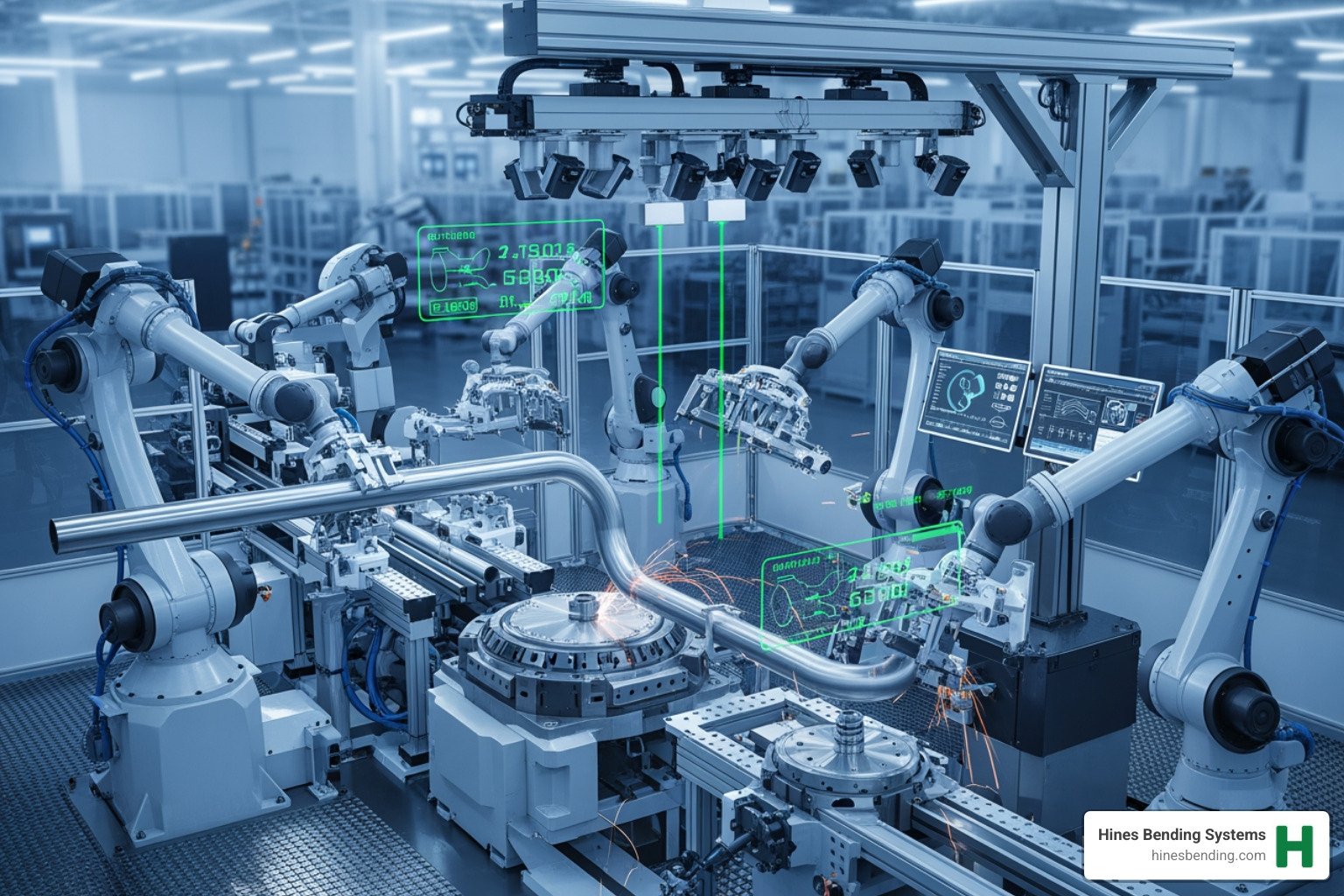 A futuristic, fully automated bending cell with robotic arms handling pipes and performing quality checks - Pipe bending solutions A futuristic, fully automated bending cell with robotic arms handling pipes and performing quality checks - Pipe bending solutions