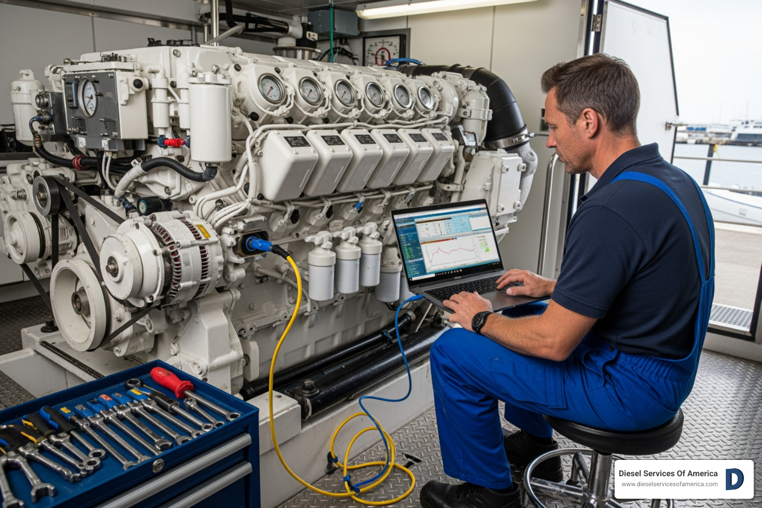Technician using electronic diagnostic equipment on a marine engine - Marine engine repair Fort Lauderdale Technician using electronic diagnostic equipment on a marine engine - Marine engine repair Fort Lauderdale