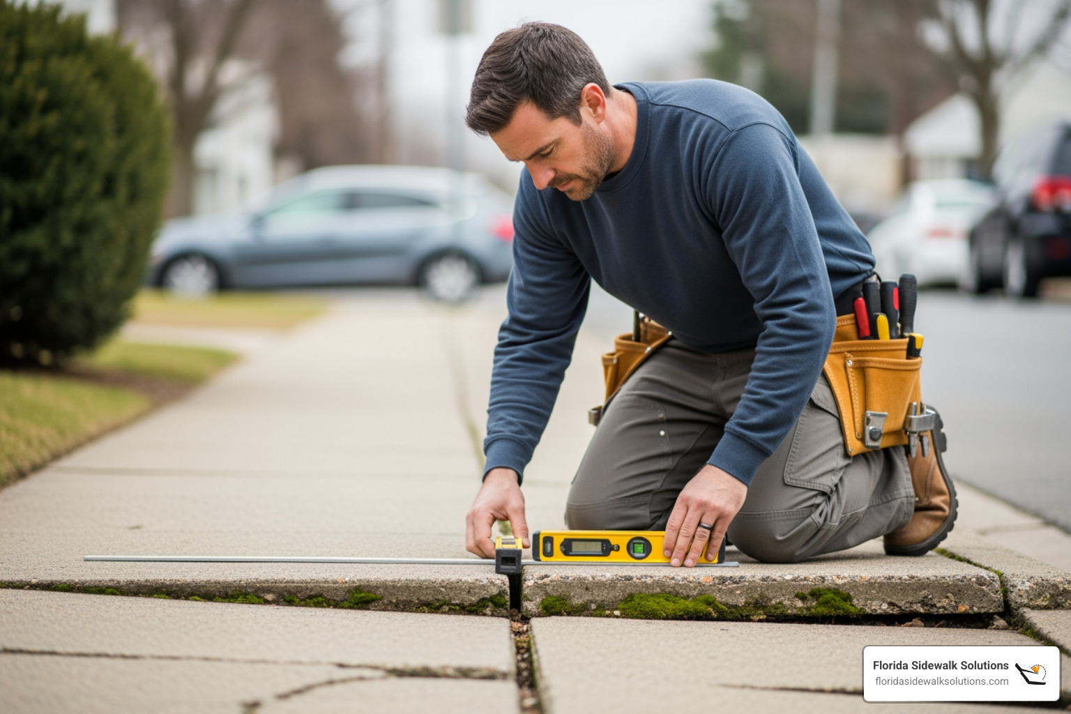 contractor measuring sidewalk hazard - Affordable concrete leveling contractor measuring sidewalk hazard - Affordable concrete leveling