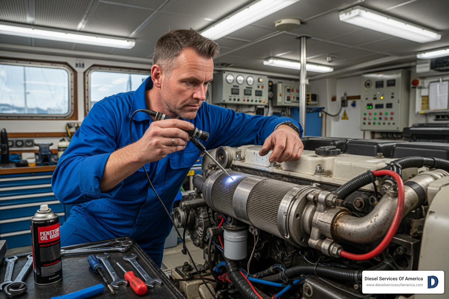 Technician inspecting a heat exchanger - Marine engine repair Fort Lauderdale Technician inspecting a heat exchanger - Marine engine repair Fort Lauderdale