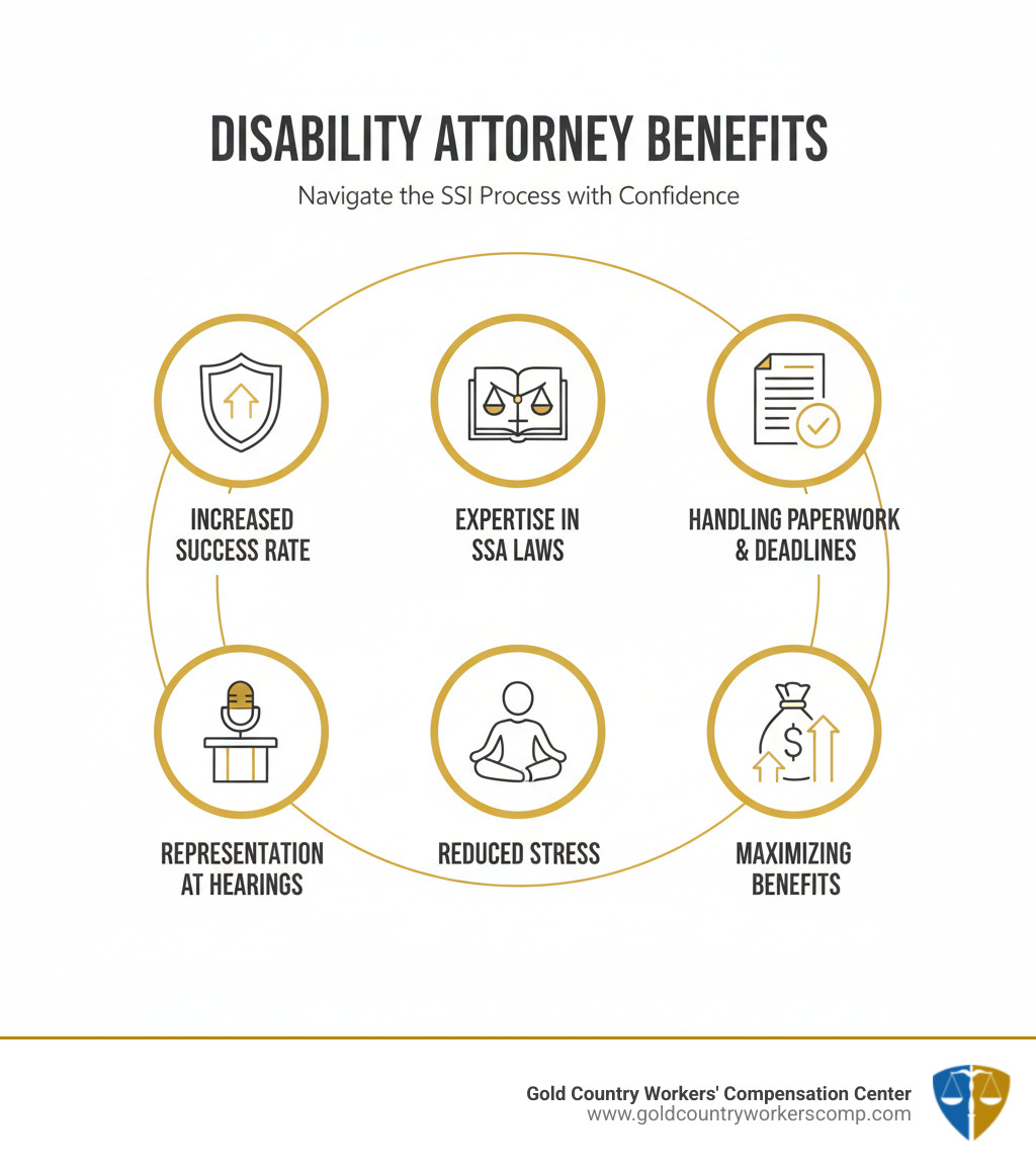 Infographic on the benefits of hiring a disability attorney: Increased success rate, expertise in SSA laws, handling paperwork and deadlines, representation at hearings, reduced stress, and maximizing benefits. - ssi attorney sacramento infographic Infographic on the benefits of hiring a disability attorney: Increased success rate, expertise in SSA laws, handling paperwork and deadlines, representation at hearings, reduced stress, and maximizing benefits. - ssi attorney sacramento infographic