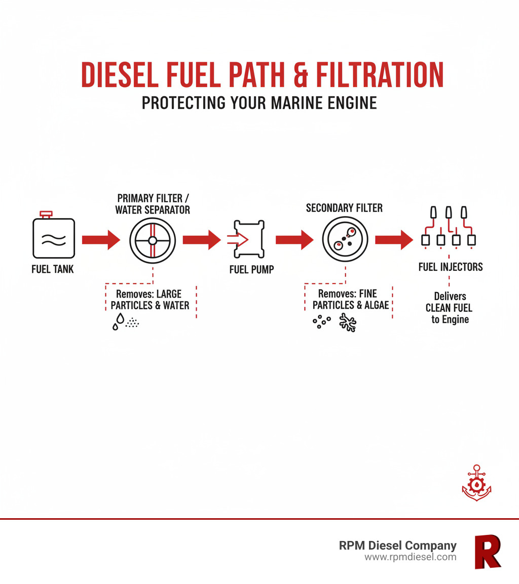 Infographic showing diesel fuel path from tank through primary filter and water separator, then fuel pump, secondary filter, and finally to fuel injectors, with callouts indicating where contaminants are removed at each stage - diesel engine filter replacement infographic Infographic showing diesel fuel path from tank through primary filter and water separator, then fuel pump, secondary filter, and finally to fuel injectors, with callouts indicating where contaminants are removed at each stage - diesel engine filter replacement infographic