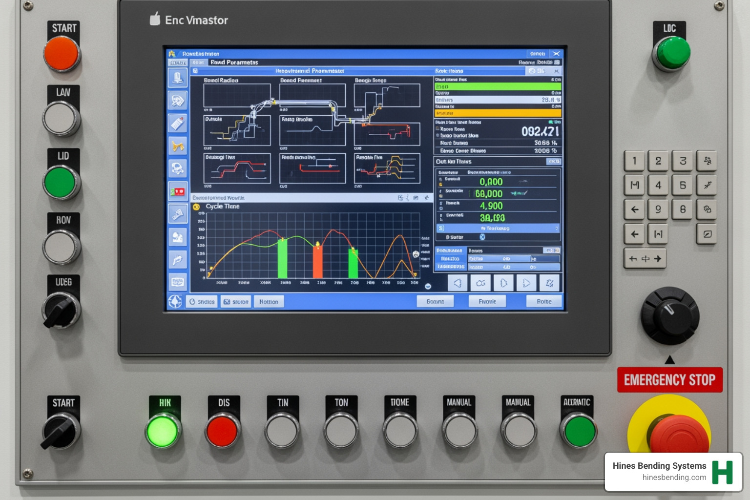 A close-up of a modern CNC tube bender control panel displaying complex bend parameters and real-time data - Pipe bending solutions A close-up of a modern CNC tube bender control panel displaying complex bend parameters and real-time data - Pipe bending solutions