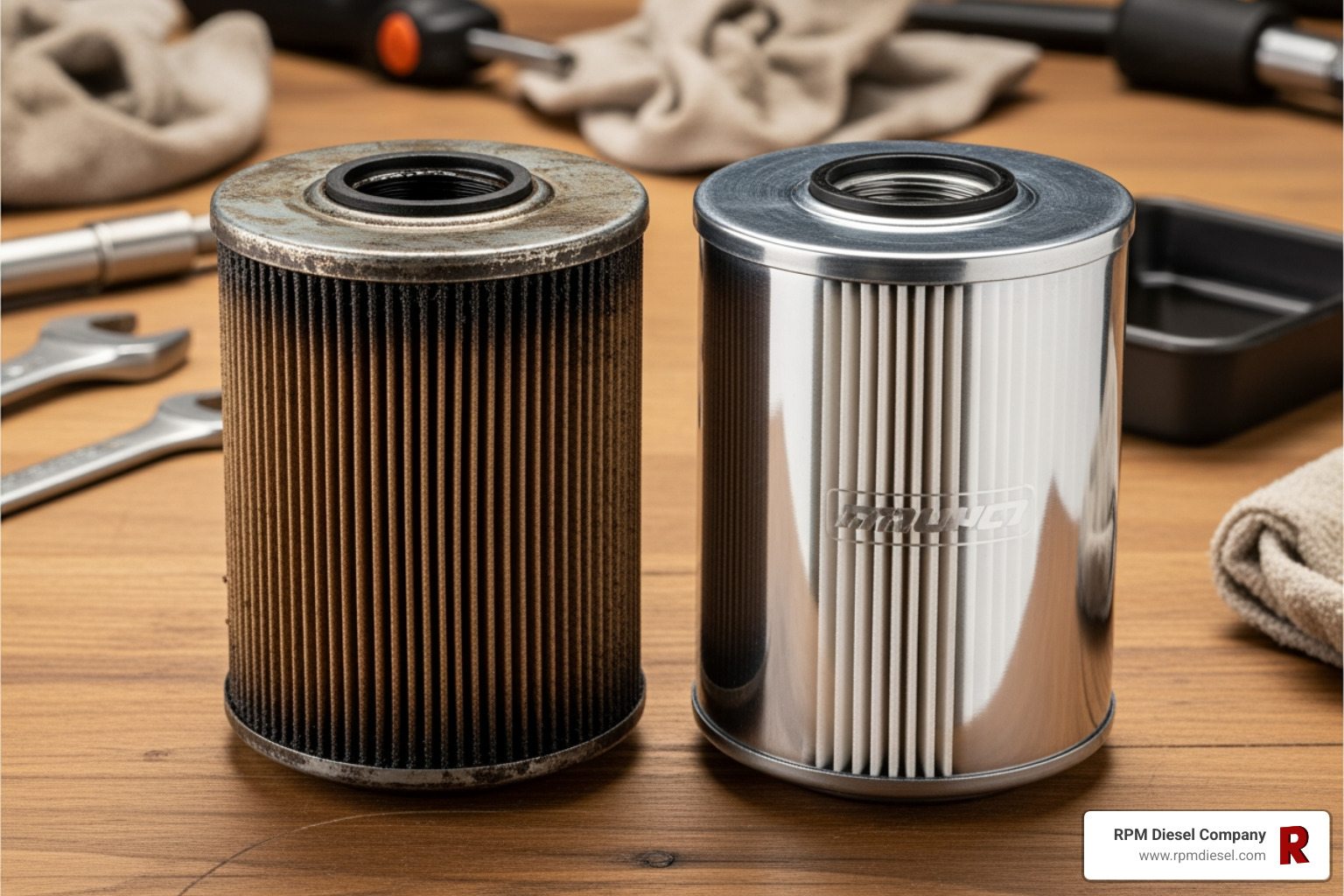 Old dirty filter element next to a new clean filter element - diesel engine filter replacement Old dirty filter element next to a new clean filter element - diesel engine filter replacement