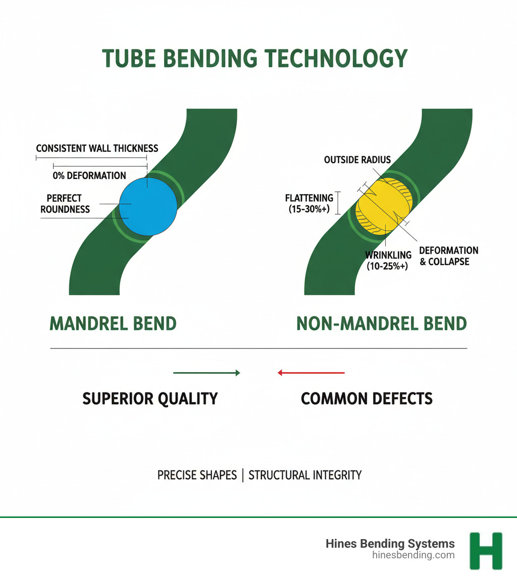 Infographic comparing mandrel bend versus non-mandrel bend showing cross-sections of tubes with mandrel bend maintaining perfect roundness and consistent wall thickness while non-mandrel bend shows flattening on outside radius and wrinkling on inside radius with measurements indicating deformation percentages - mandrel pipe bender infographic Infographic comparing mandrel bend versus non-mandrel bend showing cross-sections of tubes with mandrel bend maintaining perfect roundness and consistent wall thickness while non-mandrel bend shows flattening on outside radius and wrinkling on inside radius with measurements indicating deformation percentages - mandrel pipe bender infographic