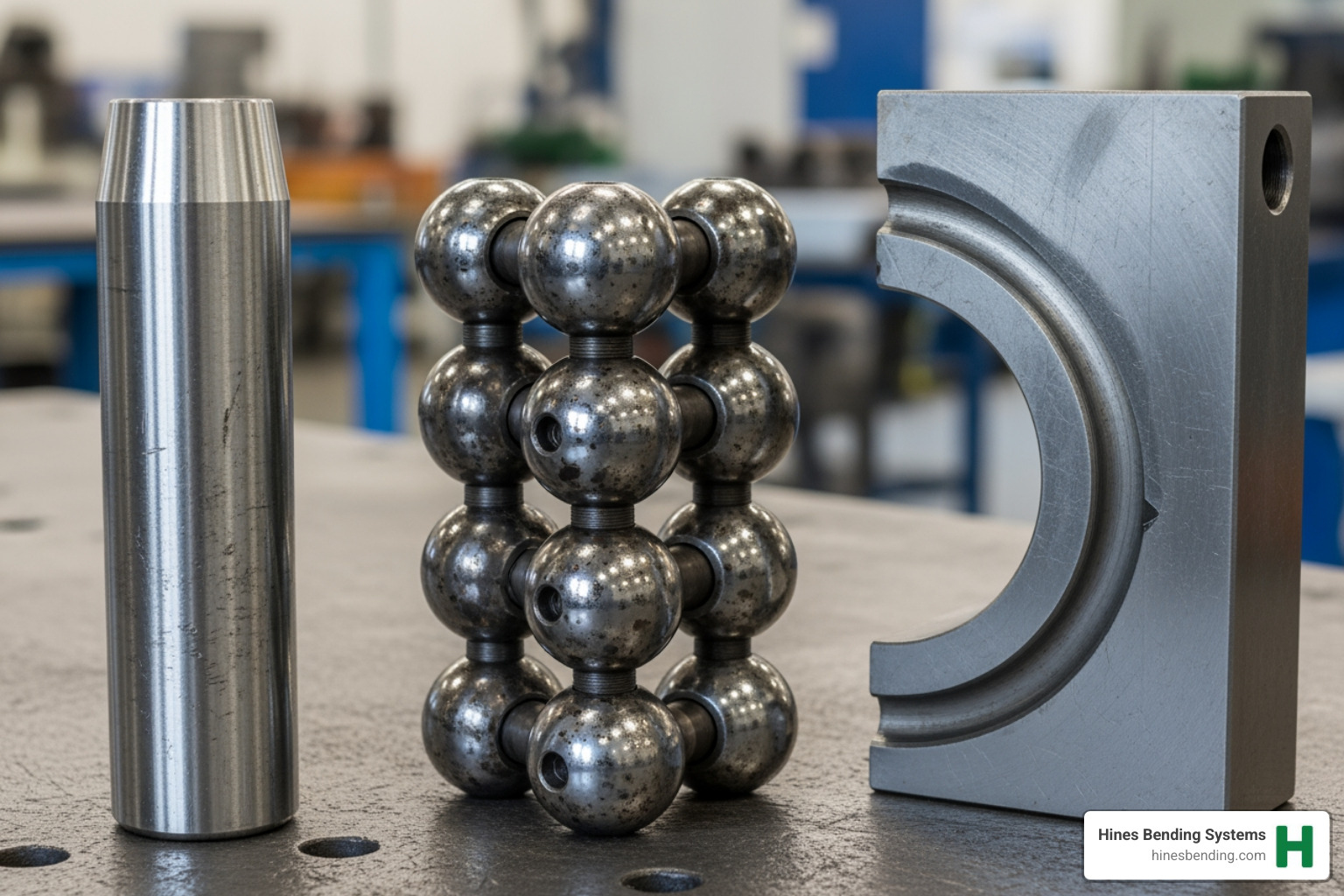 Different types of mandrels: solid plug mandrel, ball mandrel with multiple balls, and a wiper die - mandrel pipe bender Different types of mandrels: solid plug mandrel, ball mandrel with multiple balls, and a wiper die - mandrel pipe bender