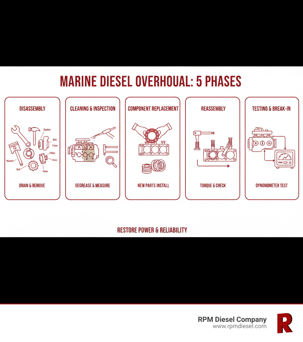 Detailed infographic showing the 5 phases of diesel engine overhaul procedure: Phase 1 shows disassembly tools and labeled parts, Phase 2 displays cleaning equipment and measurement tools, Phase 3 illustrates new gaskets and bearings being installed, Phase 4 shows torque wrench application and clearance checking, Phase 5 depicts dynamometer testing setup - diesel engine overhauling procedure infographic Detailed infographic showing the 5 phases of diesel engine overhaul procedure: Phase 1 shows disassembly tools and labeled parts, Phase 2 displays cleaning equipment and measurement tools, Phase 3 illustrates new gaskets and bearings being installed, Phase 4 shows torque wrench application and clearance checking, Phase 5 depicts dynamometer testing setup - diesel engine overhauling procedure infographic