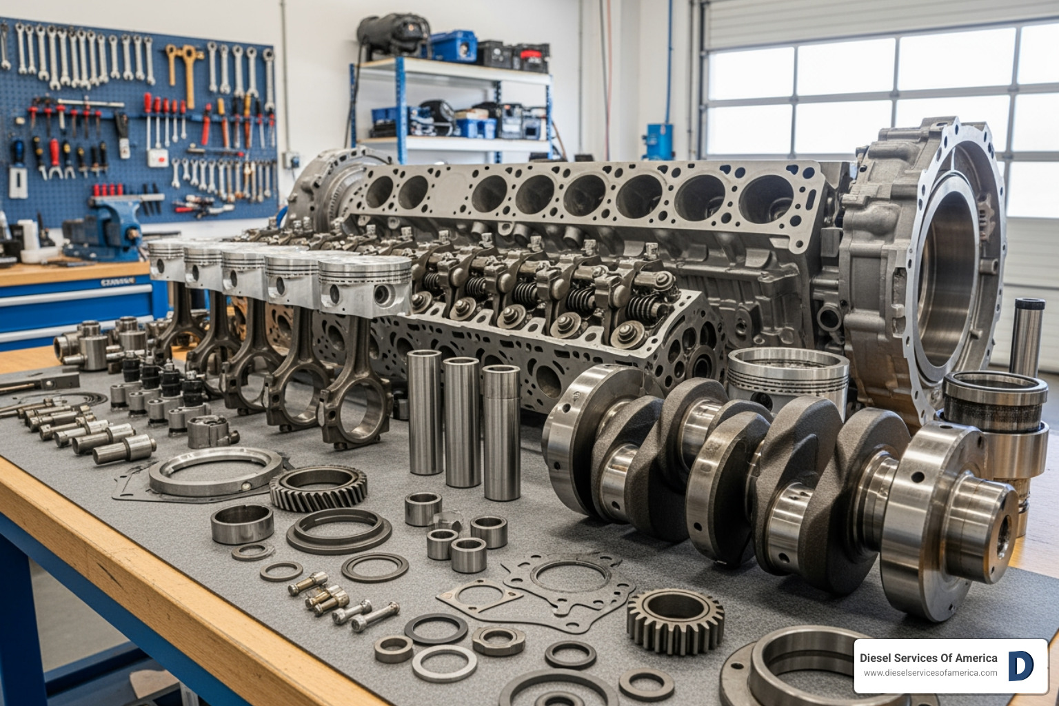 Disassembled engine components neatly laid out for inspection - engine overhaul benefits Disassembled engine components neatly laid out for inspection - engine overhaul benefits