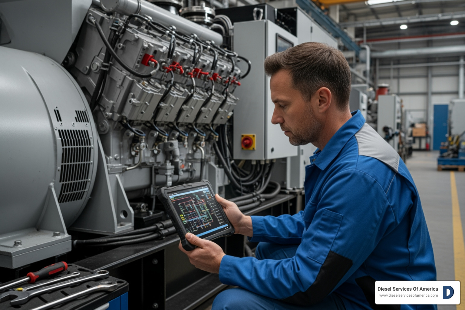 technician using a diagnostic tool on an industrial diesel generator - engine overhaul benefits technician using a diagnostic tool on an industrial diesel generator - engine overhaul benefits