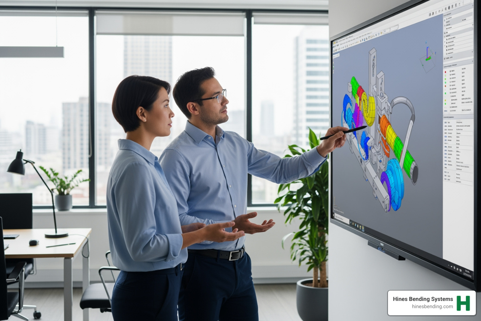 Hines engineer consulting with a client over a 3D model - CNC tube bending services