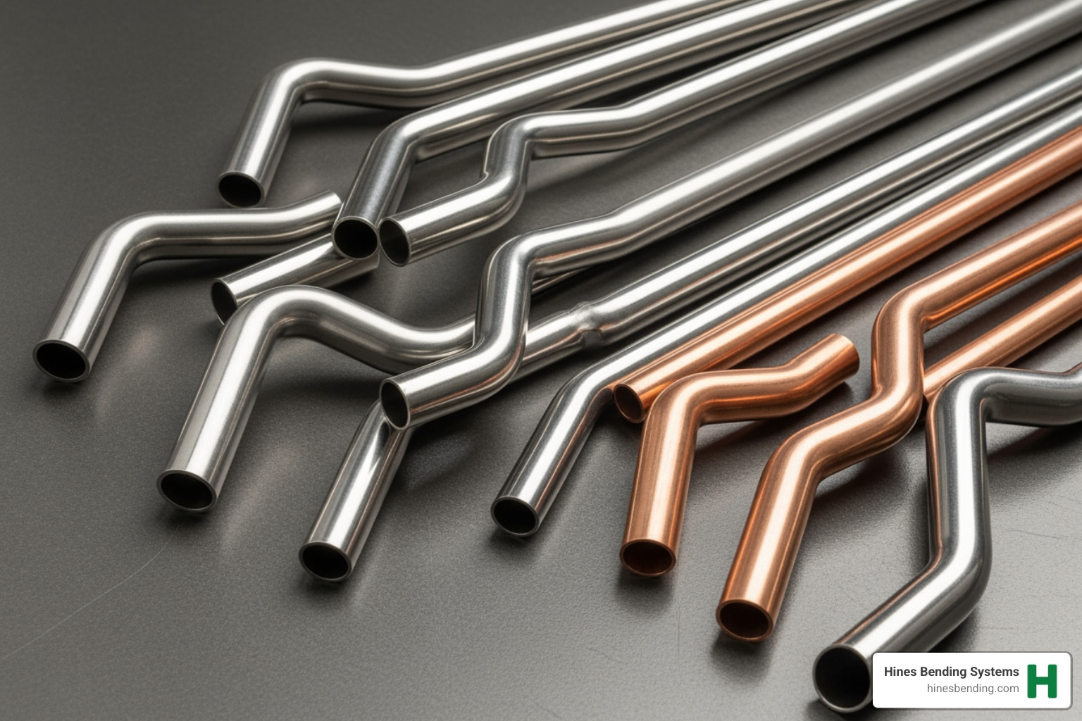 various bent tubes showcasing different materials and shapes produced by Hines machines - CNC tube bending services