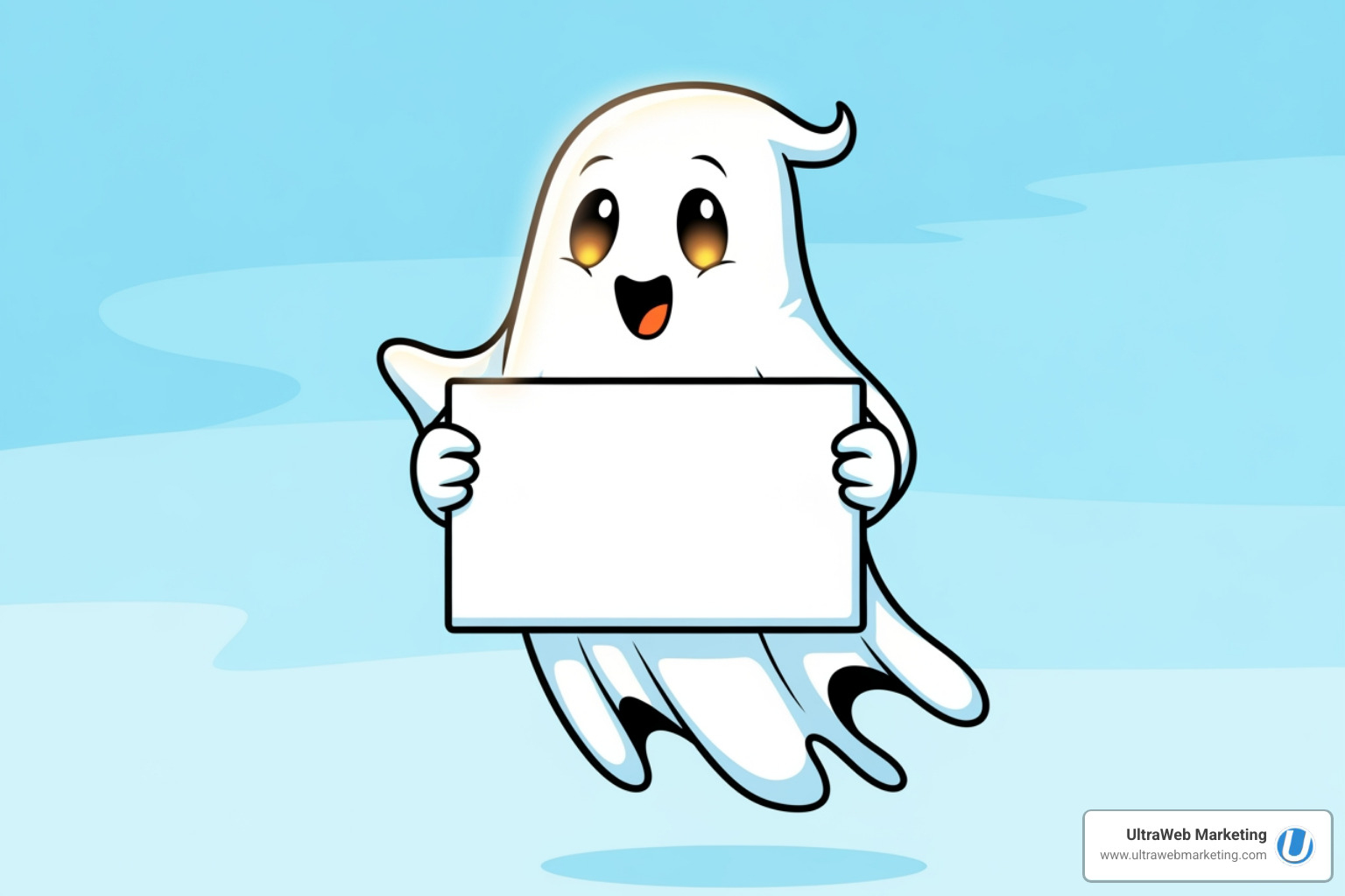 A friendly ghost holding a sign that says 'Finding a web designer shouldn't be scary!' - SEO for local companies