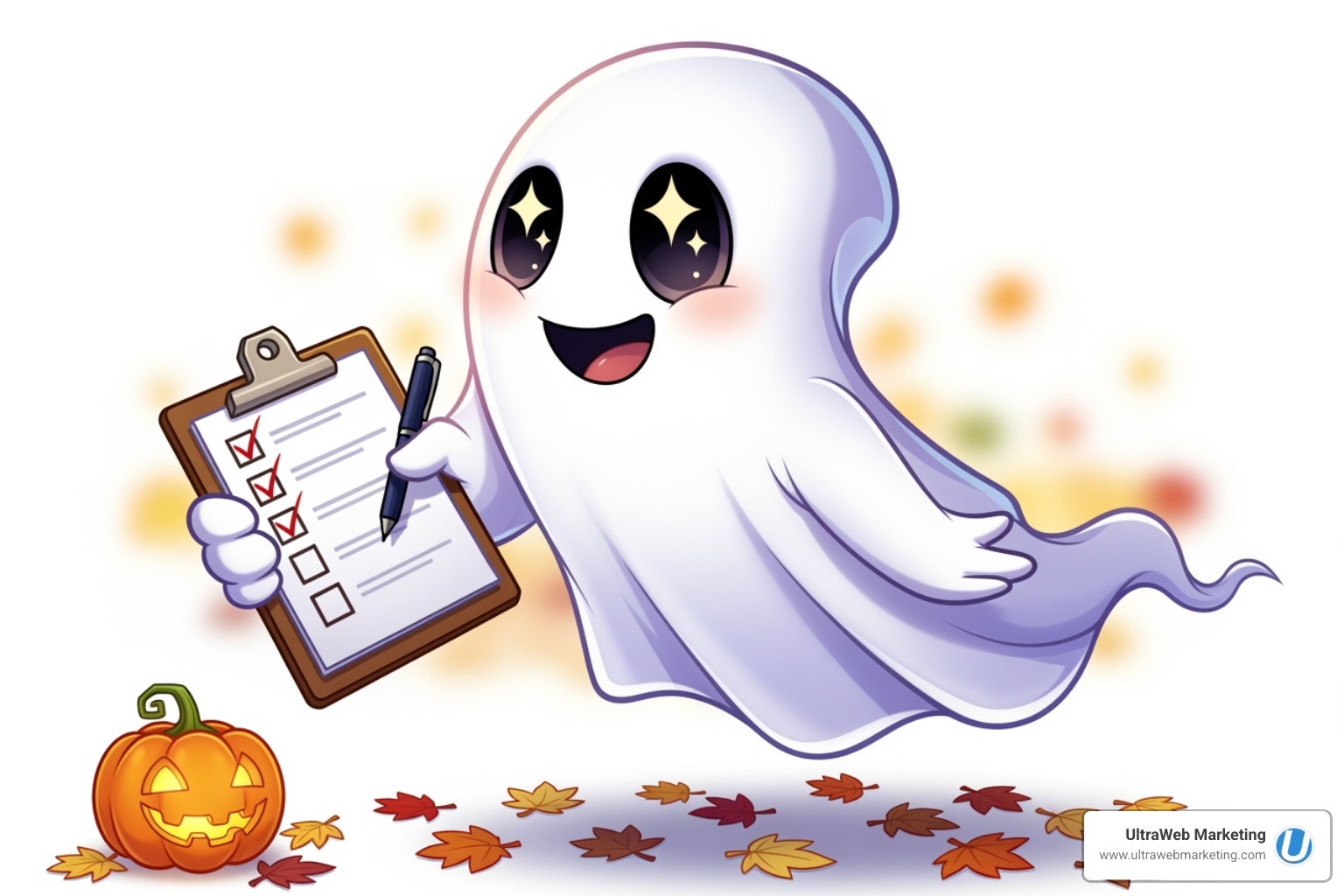 A friendly ghost holding a checklist with local SEO items - SEO for local companies