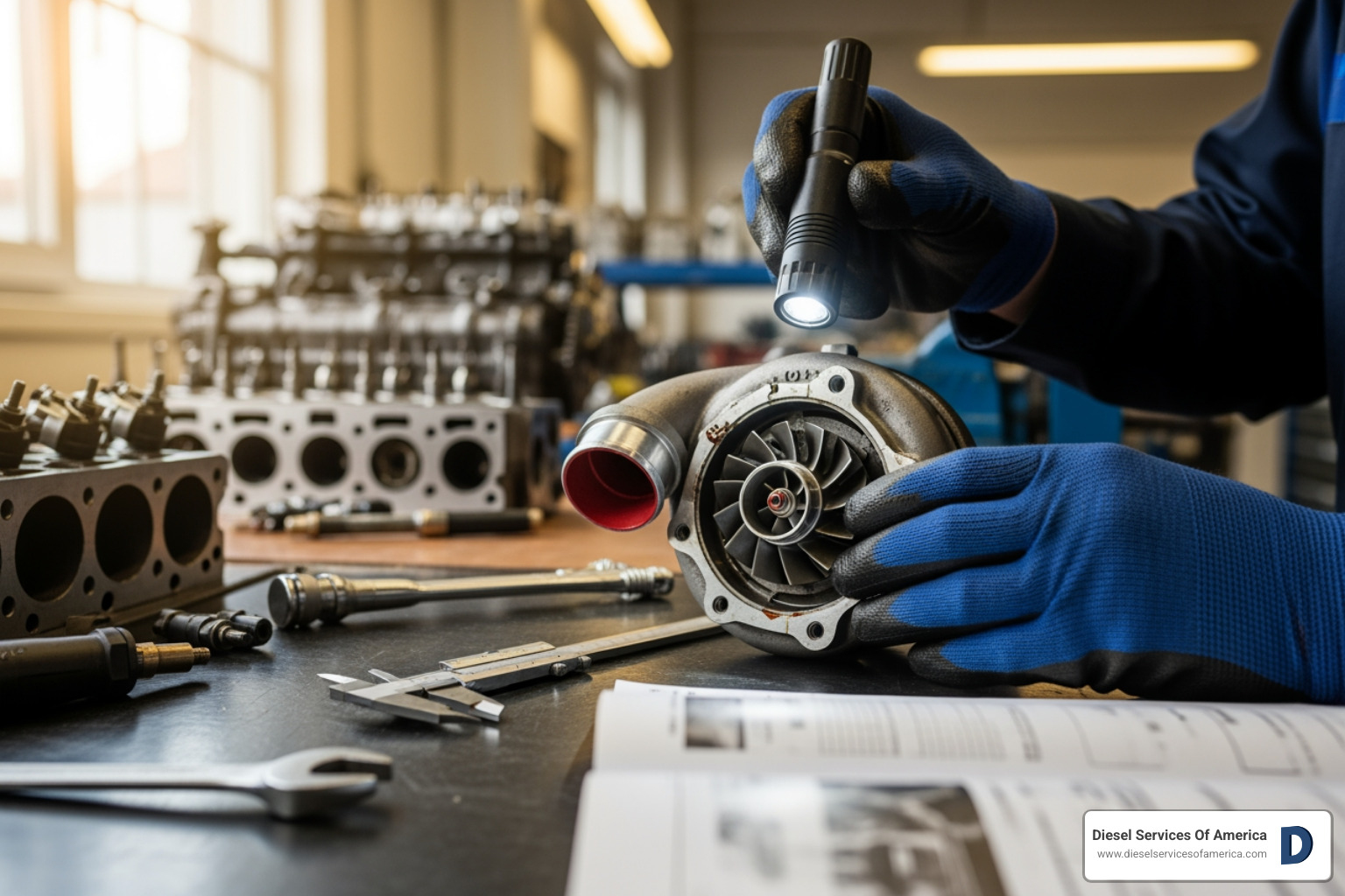 technician carefully inspecting a diesel engine part - Diesel engine spare parts supplier