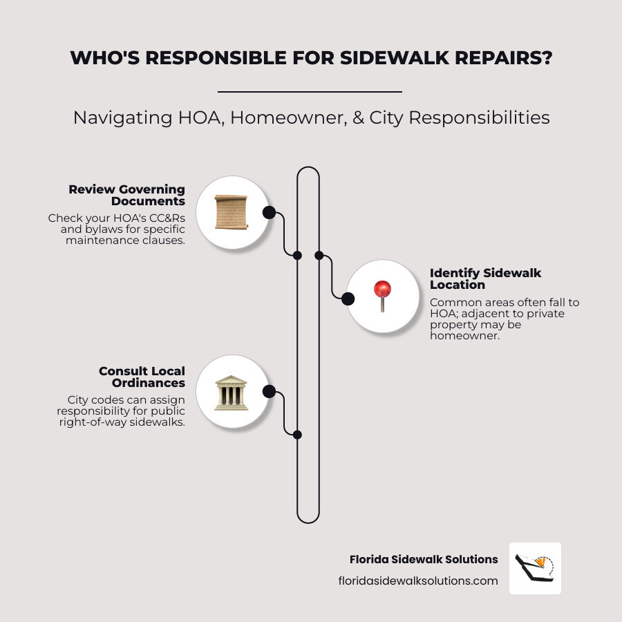 Infographic showing the decision tree for HOA sidewalk repair responsibility: first check governing documents and CC&Rs, then determine if sidewalk is in common area (HOA responsible) or adjacent to private property (homeowner responsible), then verify local city ordinances for public right-of-way requirements, with special considerations for damage from HOA trees, city utilities, or shared facilities - HOA sidewalk repair infographic infographic-line-3-steps-elegant_beige Infographic showing the decision tree for HOA sidewalk repair responsibility: first check governing documents and CC&Rs, then determine if sidewalk is in common area (HOA responsible) or adjacent to private property (homeowner responsible), then verify local city ordinances for public right-of-way requirements, with special considerations for damage from HOA trees, city utilities, or shared facilities - HOA sidewalk repair infographic infographic-line-3-steps-elegant_beige