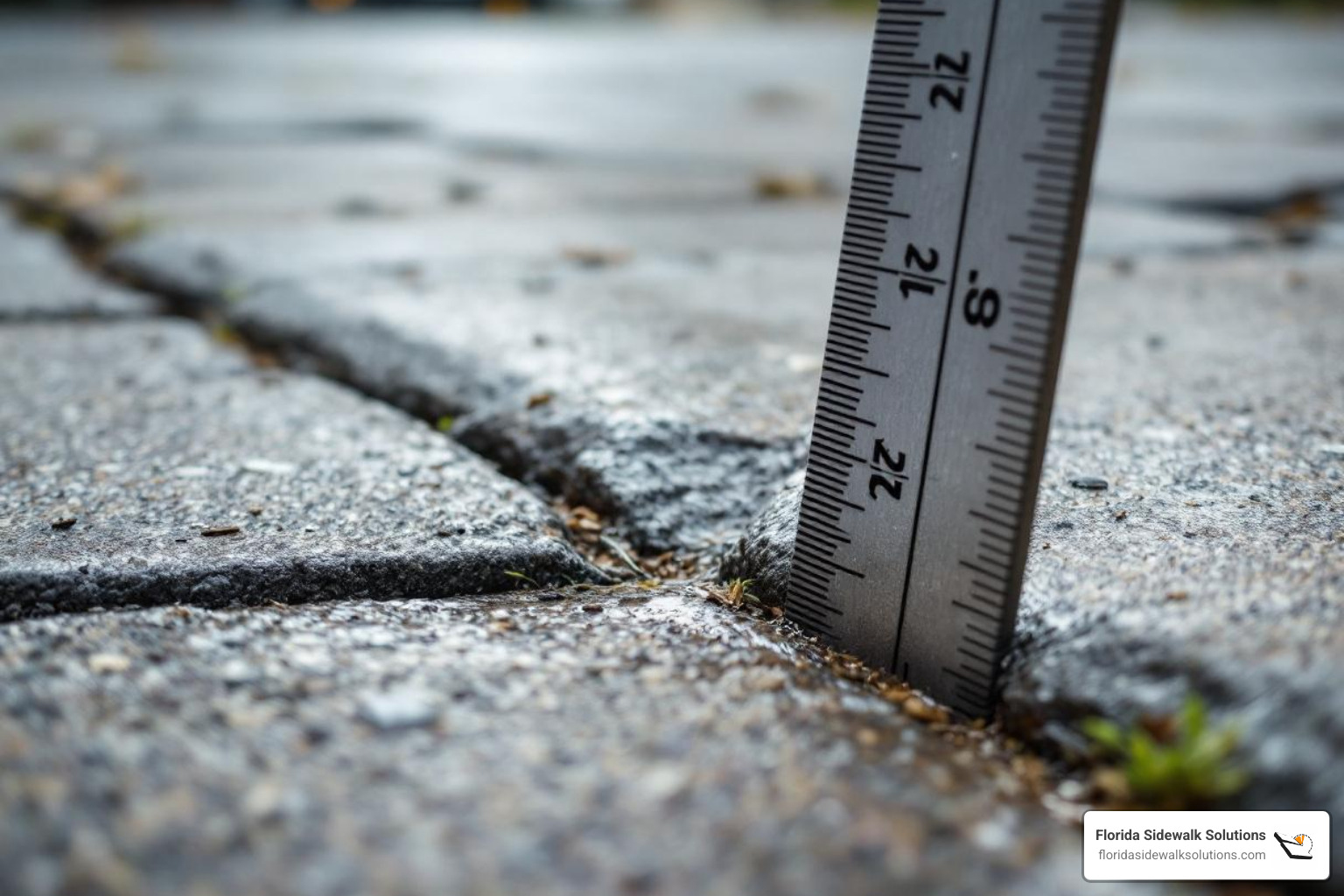 A close-up image of a sidewalk crack with a ruler measuring a 1/2-inch raised edge, clearly highlighting it as a trip hazard. - HOA sidewalk repair A close-up image of a sidewalk crack with a ruler measuring a 1/2-inch raised edge, clearly highlighting it as a trip hazard. - HOA sidewalk repair