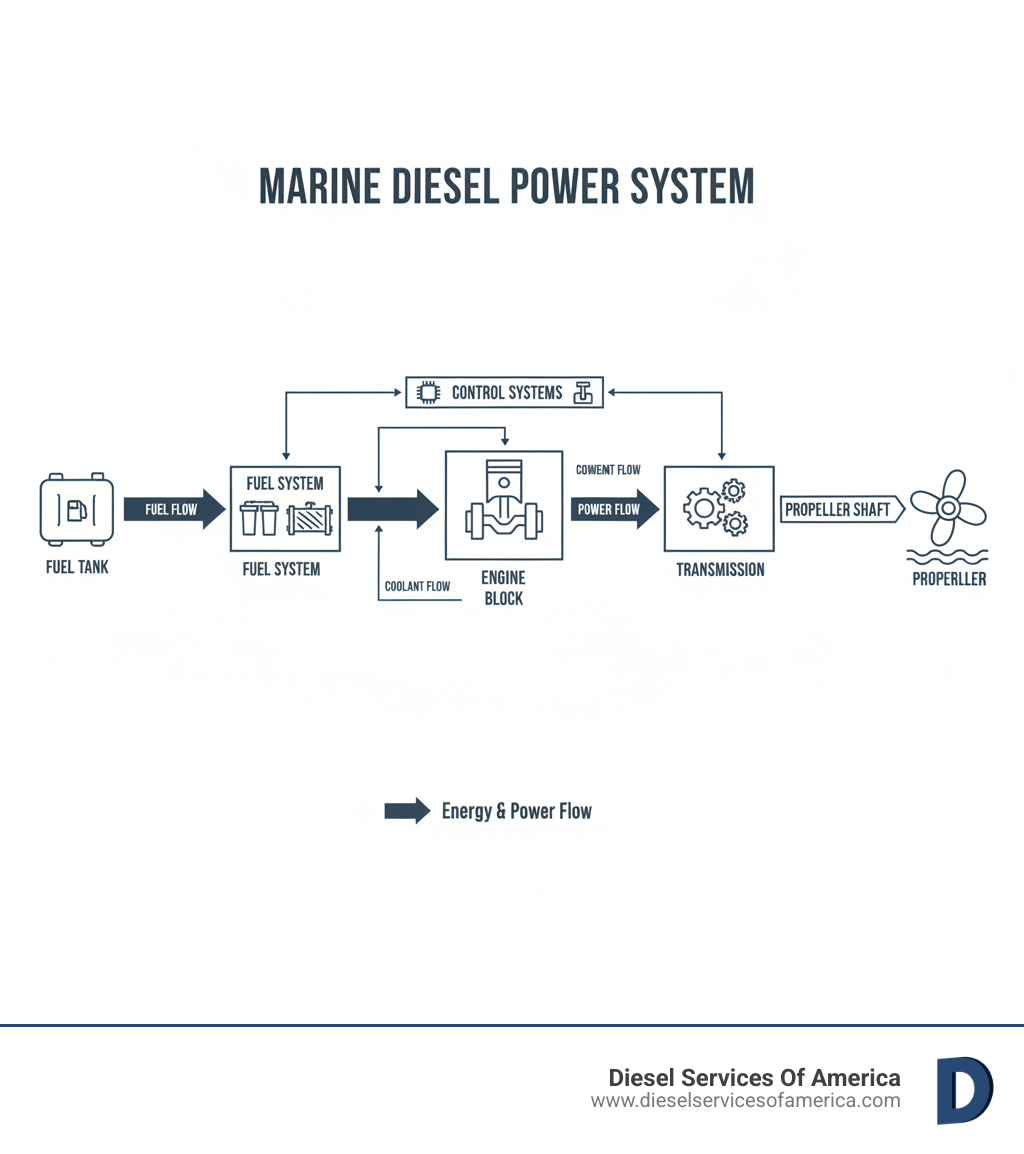 infographic showing the complete marine diesel power system including engine block, fuel system, cooling system, transmission, propeller shaft, and control systems with power flow from fuel tank to propeller - Marine diesel engine supplier infographic 
