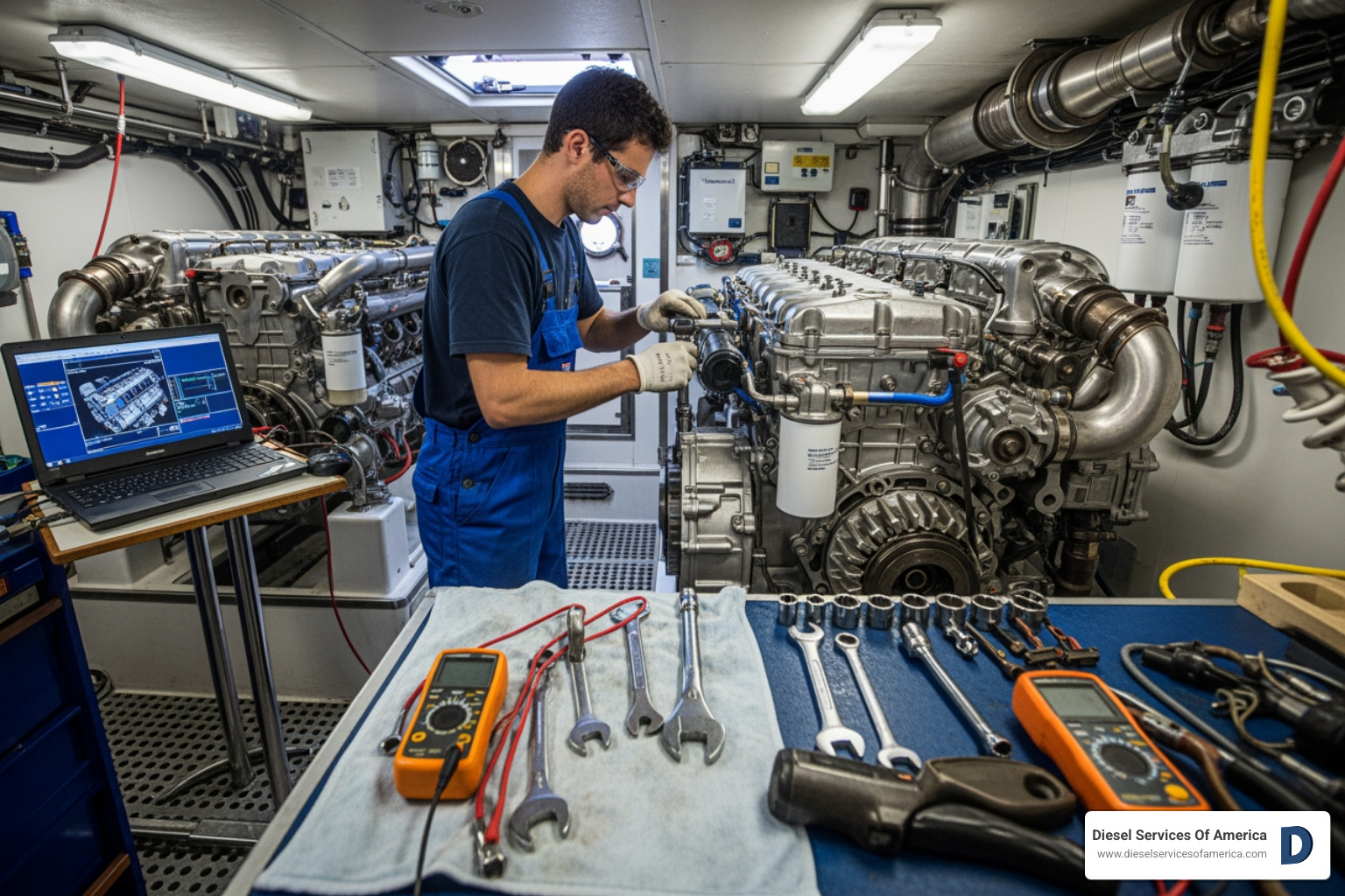 Technician working on a large marine diesel engine - Marine engine repair Fort Lauderdale Technician working on a large marine diesel engine - Marine engine repair Fort Lauderdale