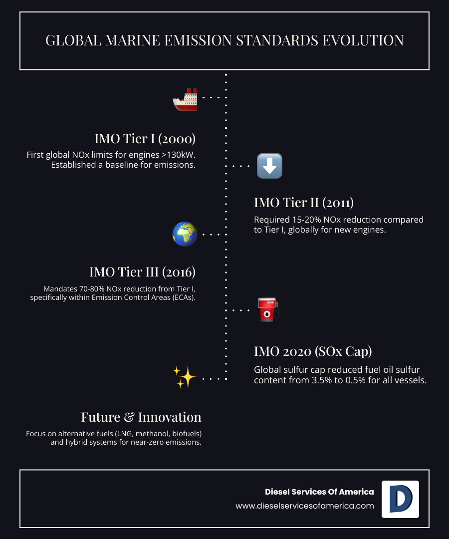 infographic showing the reduction in NOx and SOx emissions across different IMO Tiers - Marine diesel engine supplier infographic infographic-line-5-steps-dark