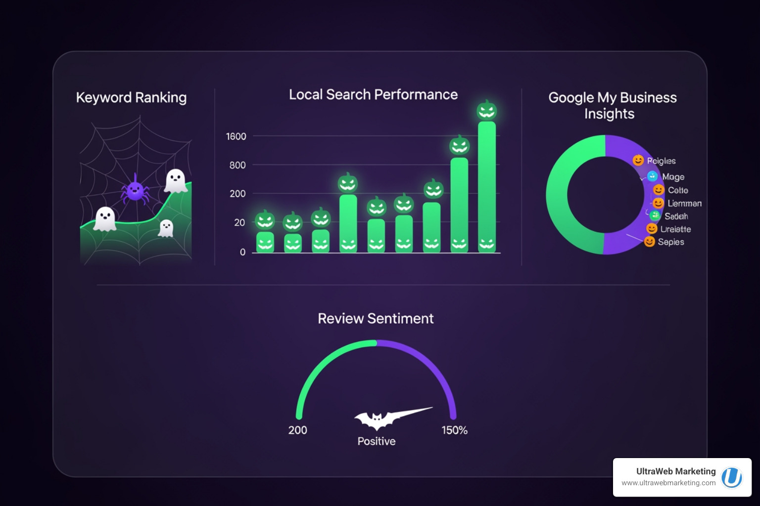 A spooky but friendly dashboard showing local SEO analytics with pumpkin icons - SEO for local companies