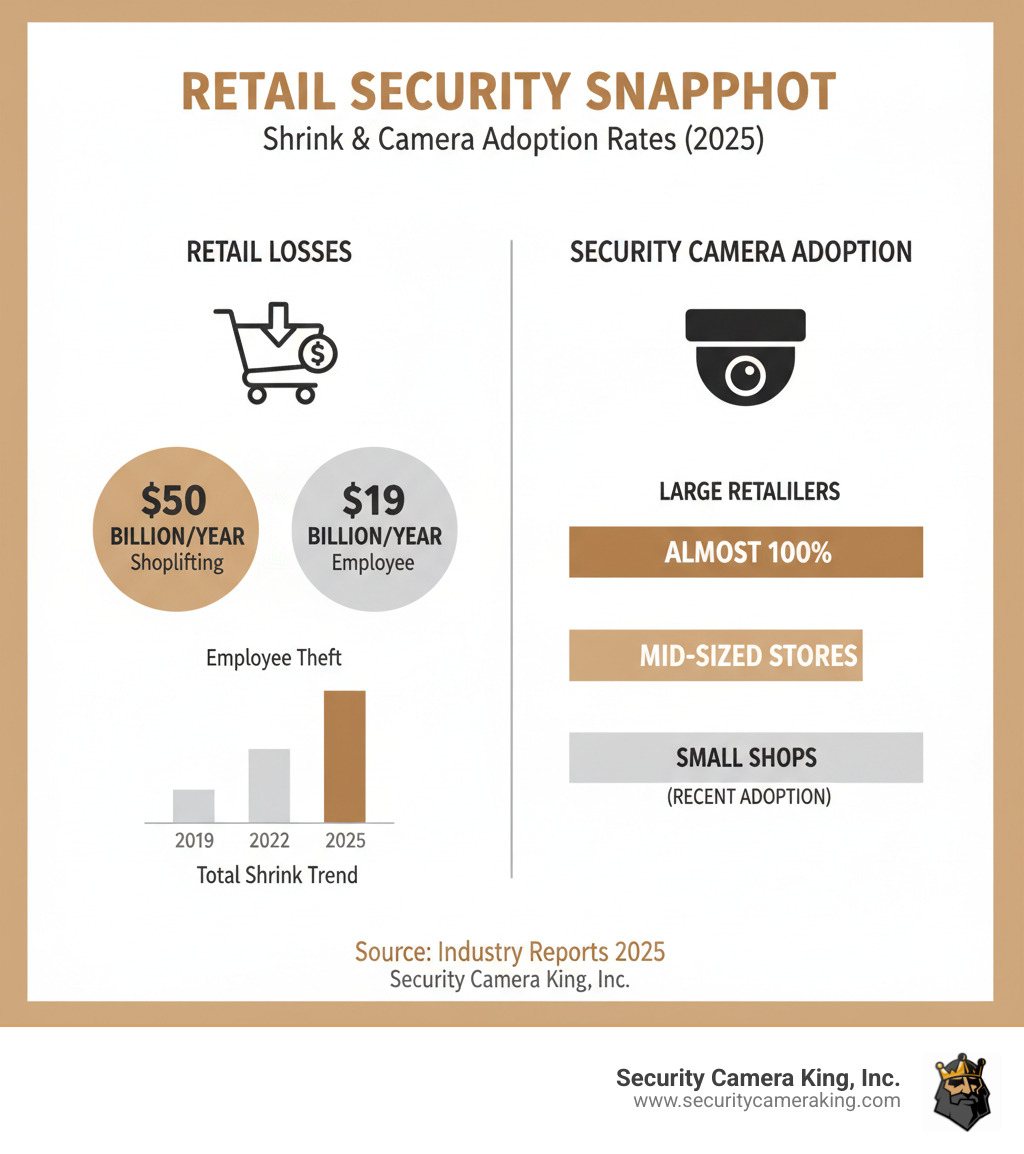 infographic showing retail shrink statistics and security camera adoption rates among different store sizes - do all stores have security cameras infographic 