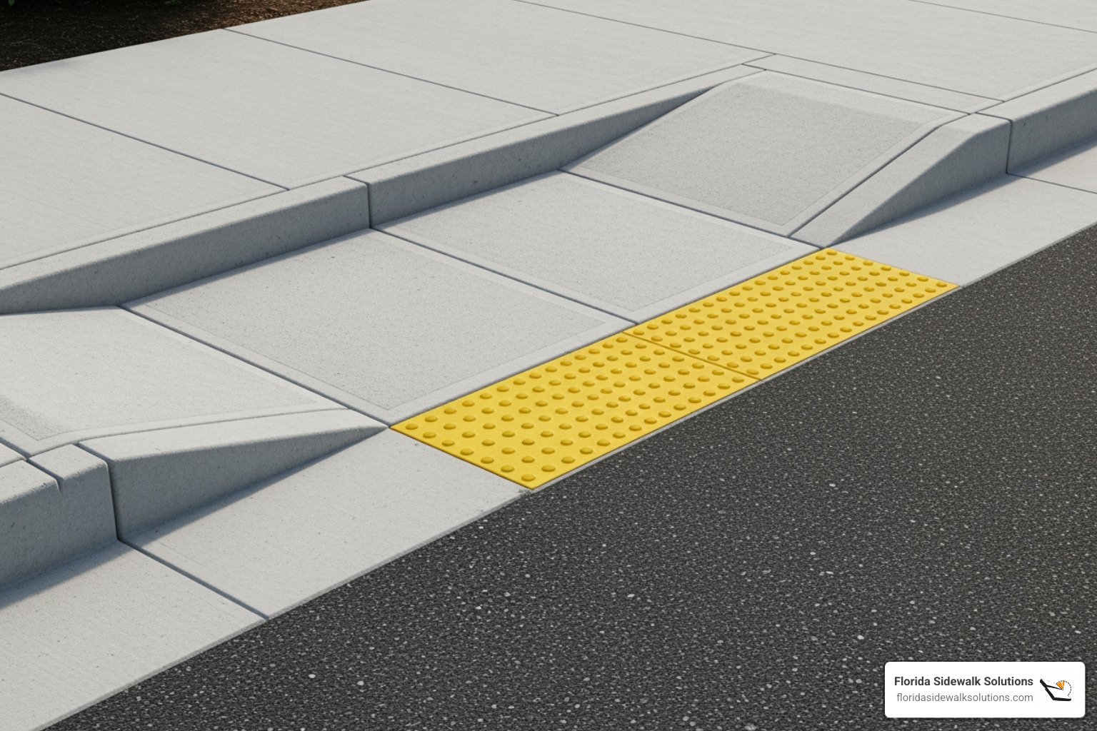 A compliant curb ramp with detectable warning domes and proper side flares - ADA sidewalk requirements