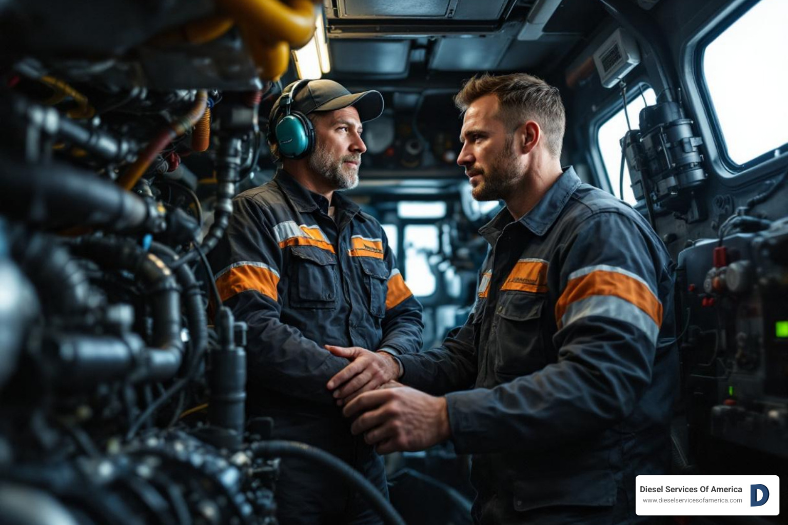 marine technician consulting with a boat owner in an engine room - Marine diesel engine supplier