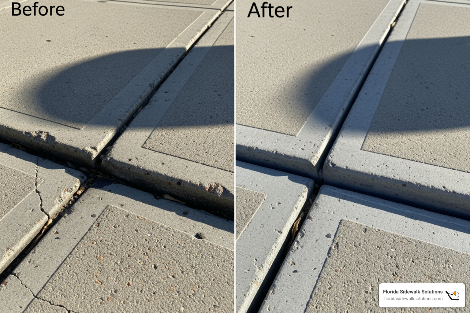 A before-and-after of a significant trip hazard being repaired by Florida Sidewalk Solutions' concrete cutting process - ADA sidewalk requirements