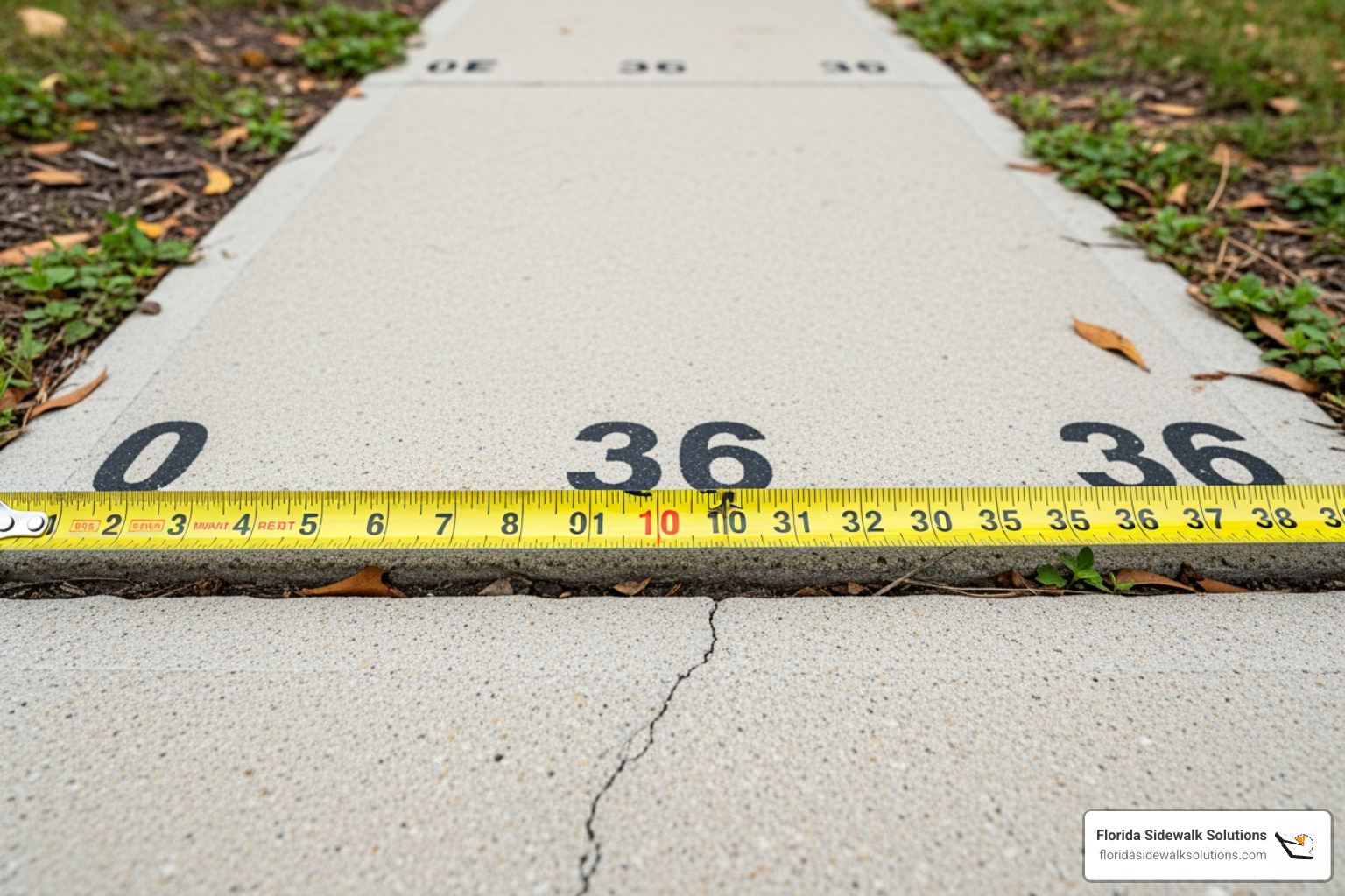 A measuring tape showing a 36-inch wide clear path on a sidewalk - ADA sidewalk requirements