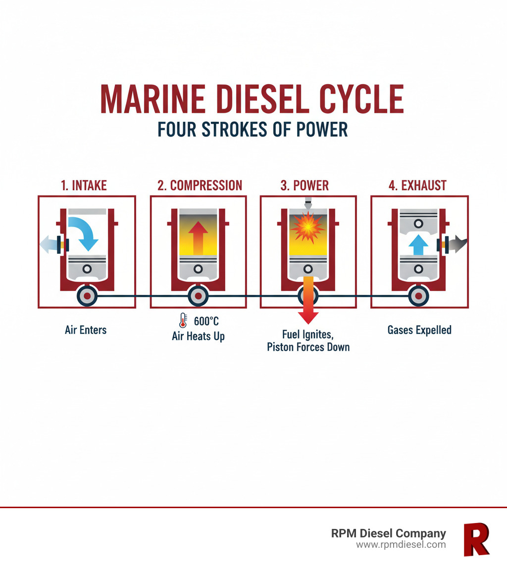 infographic showing the four-stroke diesel cycle with labeled diagrams of intake stroke with air entering cylinder, compression stroke with piston compressing air and temperature rising, power stroke with fuel injection and combustion forcing piston down, and exhaust stroke with burnt gases expelled through valve - how marine diesel engines work infographic 