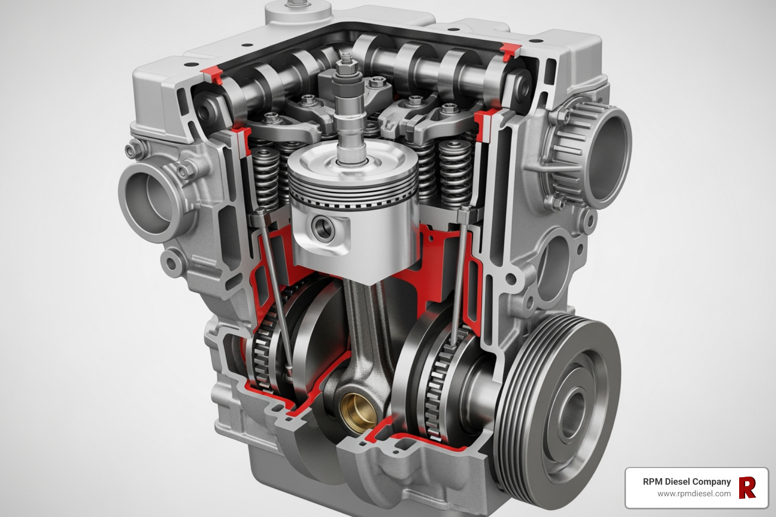 cutaway cylinder showing a piston at the top of the compression stroke - how marine diesel engines work