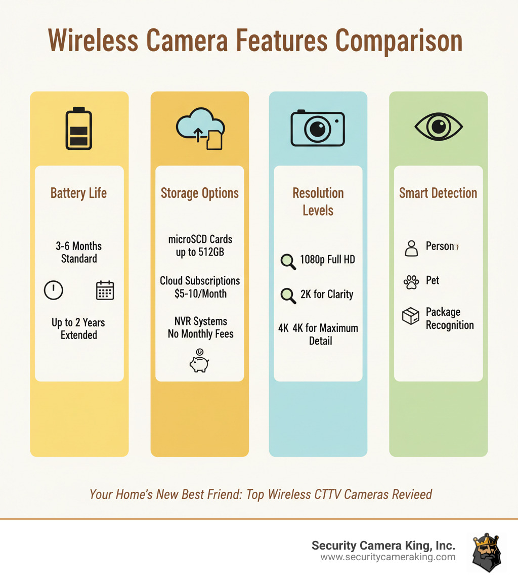 Infographic comparing wireless camera features: battery life ranges (3-6 months standard, up to 2 years extended), storage options (microSD cards up to 512GB, cloud subscriptions $5-10/month, NVR systems for no monthly fees), resolution levels (1080p Full HD, 2K for clarity, 4K for maximum detail), and smart detection types (person, vehicle, pet, package recognition) - best wireless cctv camera for home infographic 
