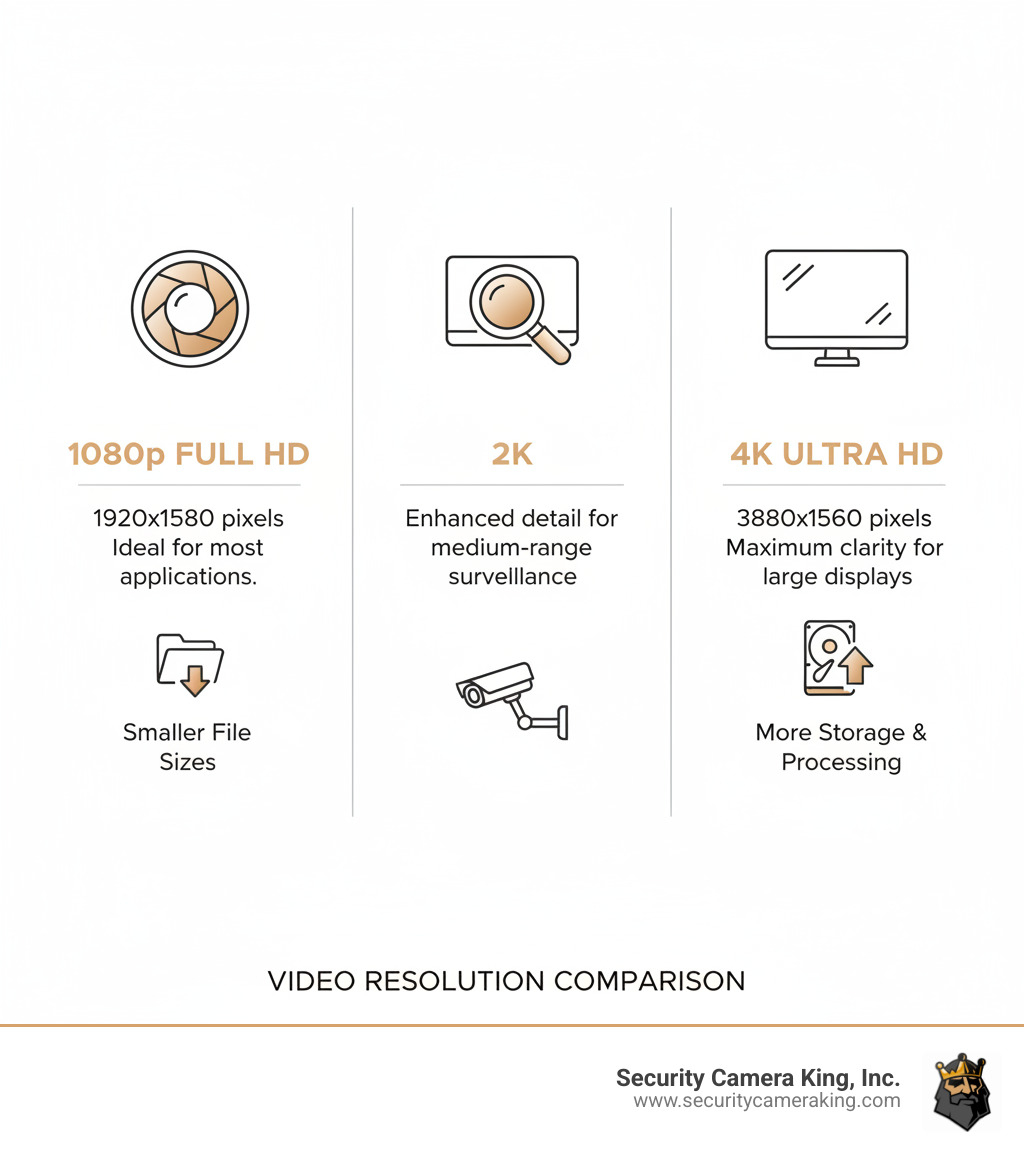Infographic comparing 1080p Full HD at 1920x1080 pixels ideal for most applications with smaller file sizes, 2K at 2688x1520 pixels offering enhanced detail for medium-range surveillance, and 4K Ultra HD at 3840x2160 pixels providing maximum clarity for large displays but requiring significantly more storage space and processing power - sports cam waterproof full hd 1080p infographic 