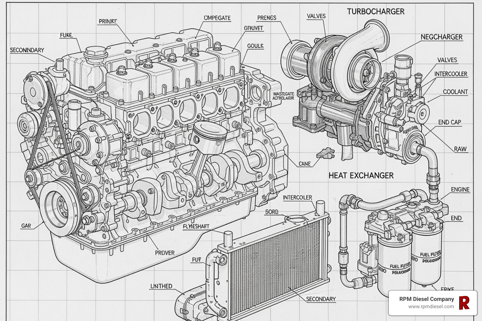 labeled diagram of a marine diesel engine showing key components like the turbocharger, heat exchanger, and fuel filters - how marine diesel engines work