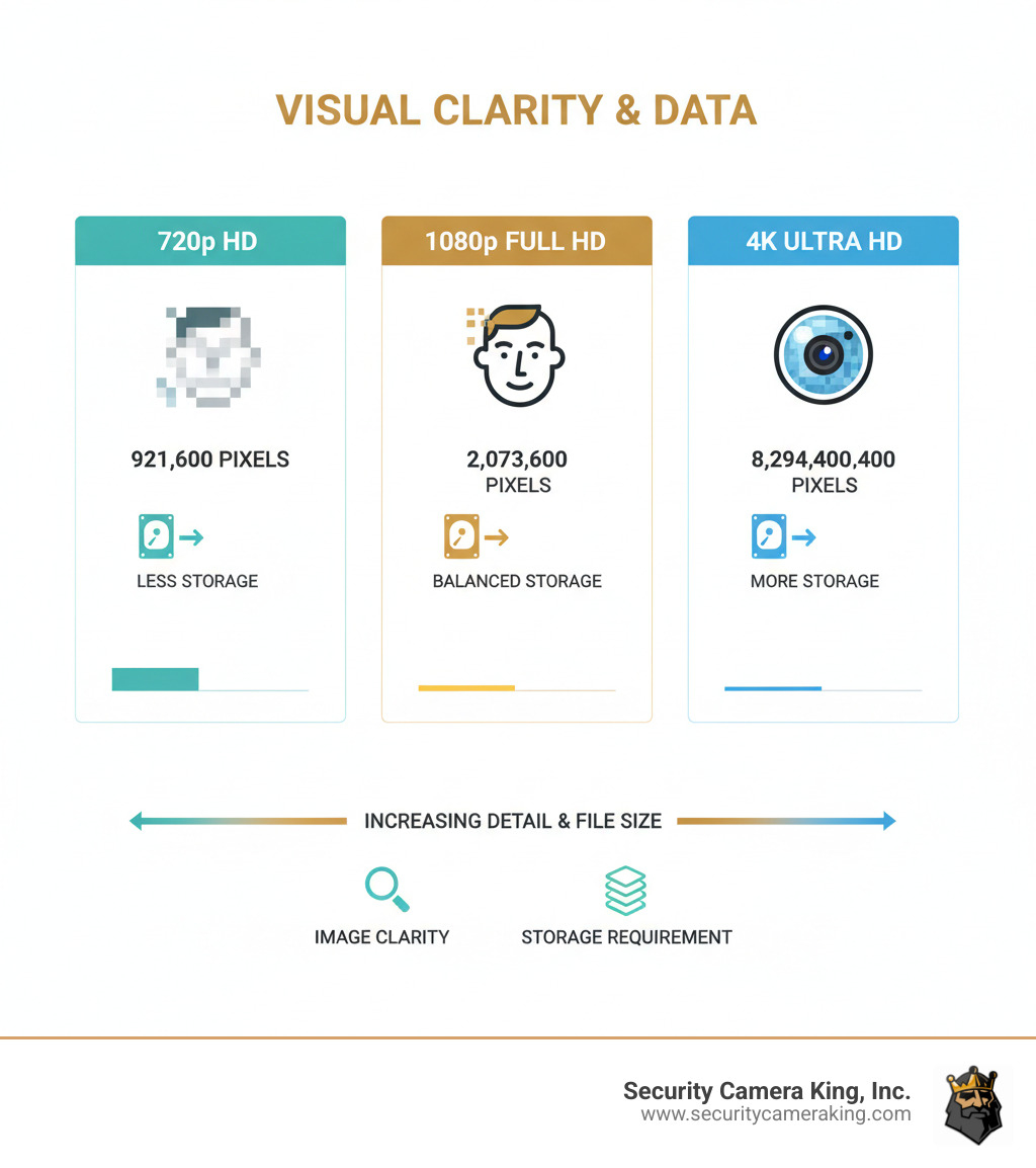 Infographic showing resolution comparison: 720p (HD) at 921,600 pixels, 1080p (Full HD) at 2,073,600 pixels, and 4K (Ultra HD) at 8,294,400 pixels, with visual representations of image clarity differences and storage requirements for each resolution - camera hd 1080p infographic 