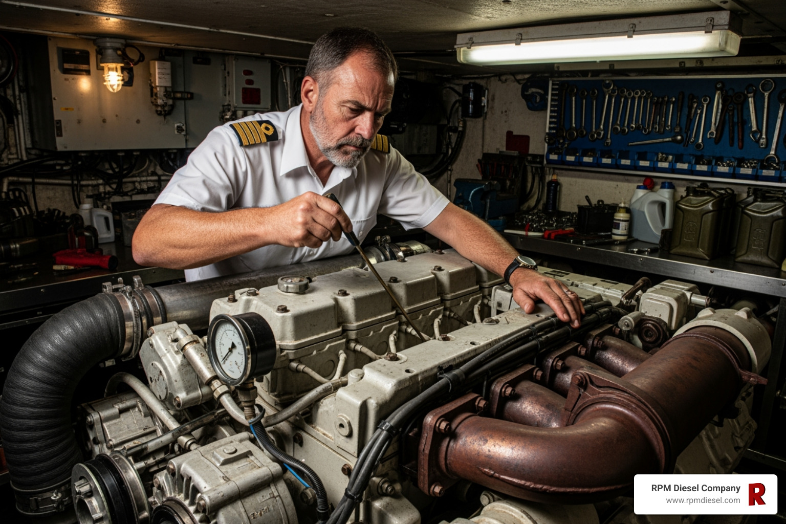 captain checking oil level marine diesel engine - diesel engine maintenance checklist