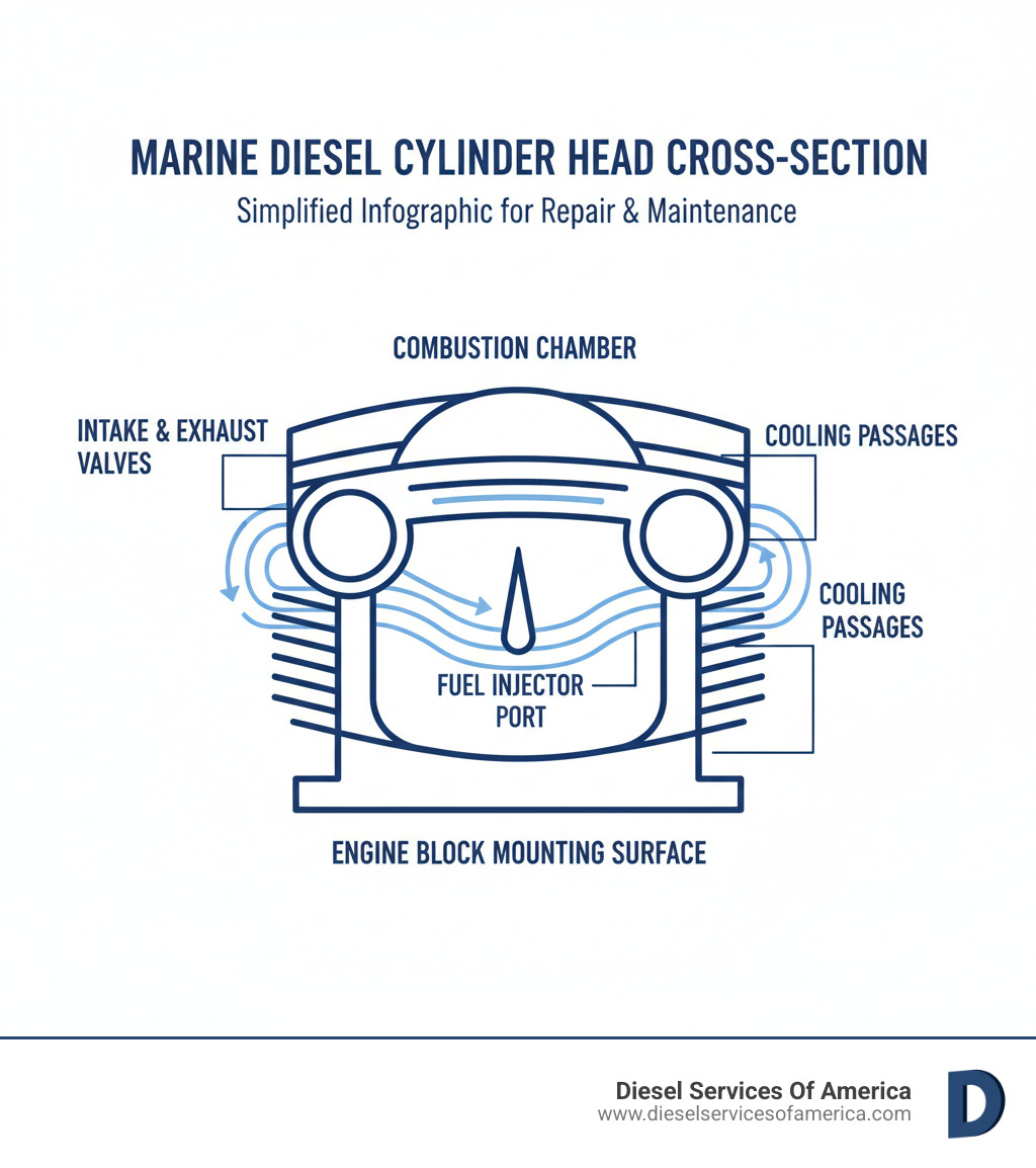 Infographic showing cross-section of a marine diesel engine cylinder head with labeled components including combustion chamber, valves, injector ports, cooling passages, and mounting surface - Diesel engine cylinder head repair infographic Infographic showing cross-section of a marine diesel engine cylinder head with labeled components including combustion chamber, valves, injector ports, cooling passages, and mounting surface - Diesel engine cylinder head repair infographic
