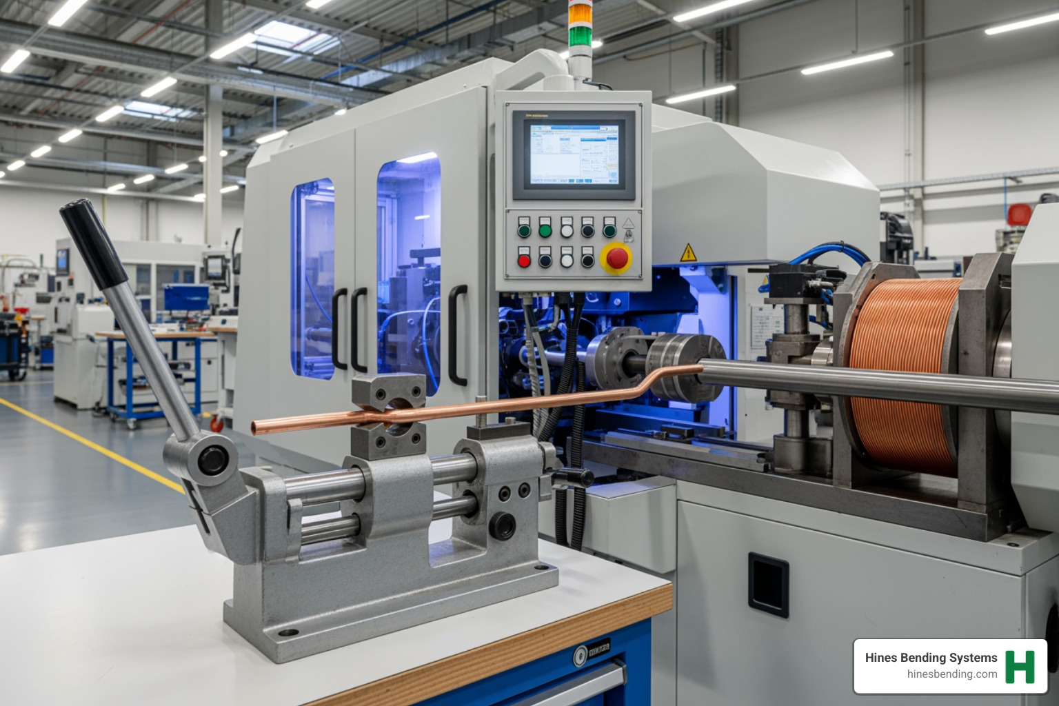 image of a Hines manual bender and a large Hines induction bender side-by-side - round tube bender image of a Hines manual bender and a large Hines induction bender side-by-side - round tube bender