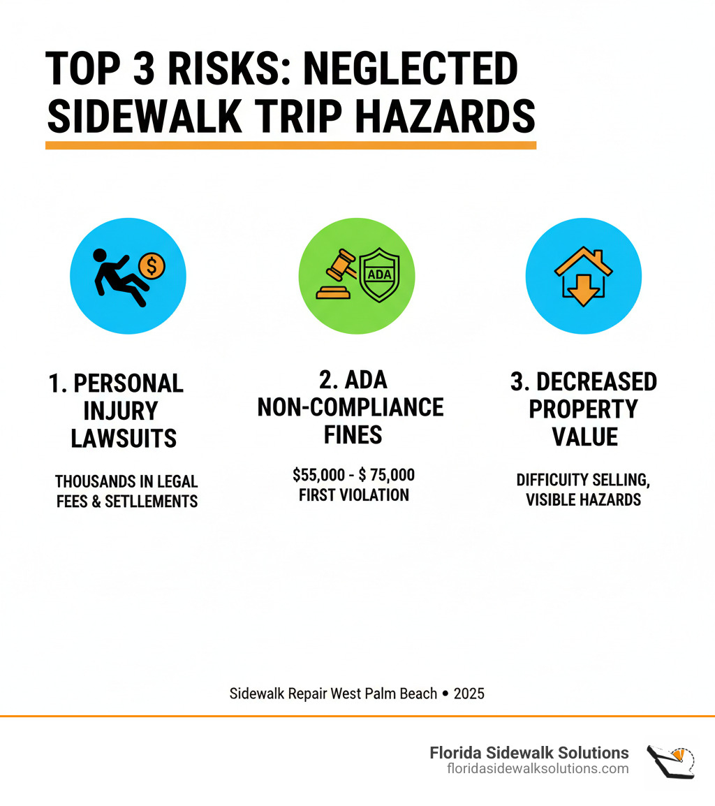 Infographic showing the top 3 risks of neglected sidewalk trip hazards: 1) Personal injury lawsuits with potential costs of thousands in legal fees and settlements, 2) ADA non-compliance fines ranging from $55,000 to $75,000 for first violations, and 3) Decreased property value and difficulty selling due to visible safety hazards and deferred maintenance - Sidewalk Repair West Palm Beach infographic Infographic showing the top 3 risks of neglected sidewalk trip hazards: 1) Personal injury lawsuits with potential costs of thousands in legal fees and settlements, 2) ADA non-compliance fines ranging from $55,000 to $75,000 for first violations, and 3) Decreased property value and difficulty selling due to visible safety hazards and deferred maintenance - Sidewalk Repair West Palm Beach infographic