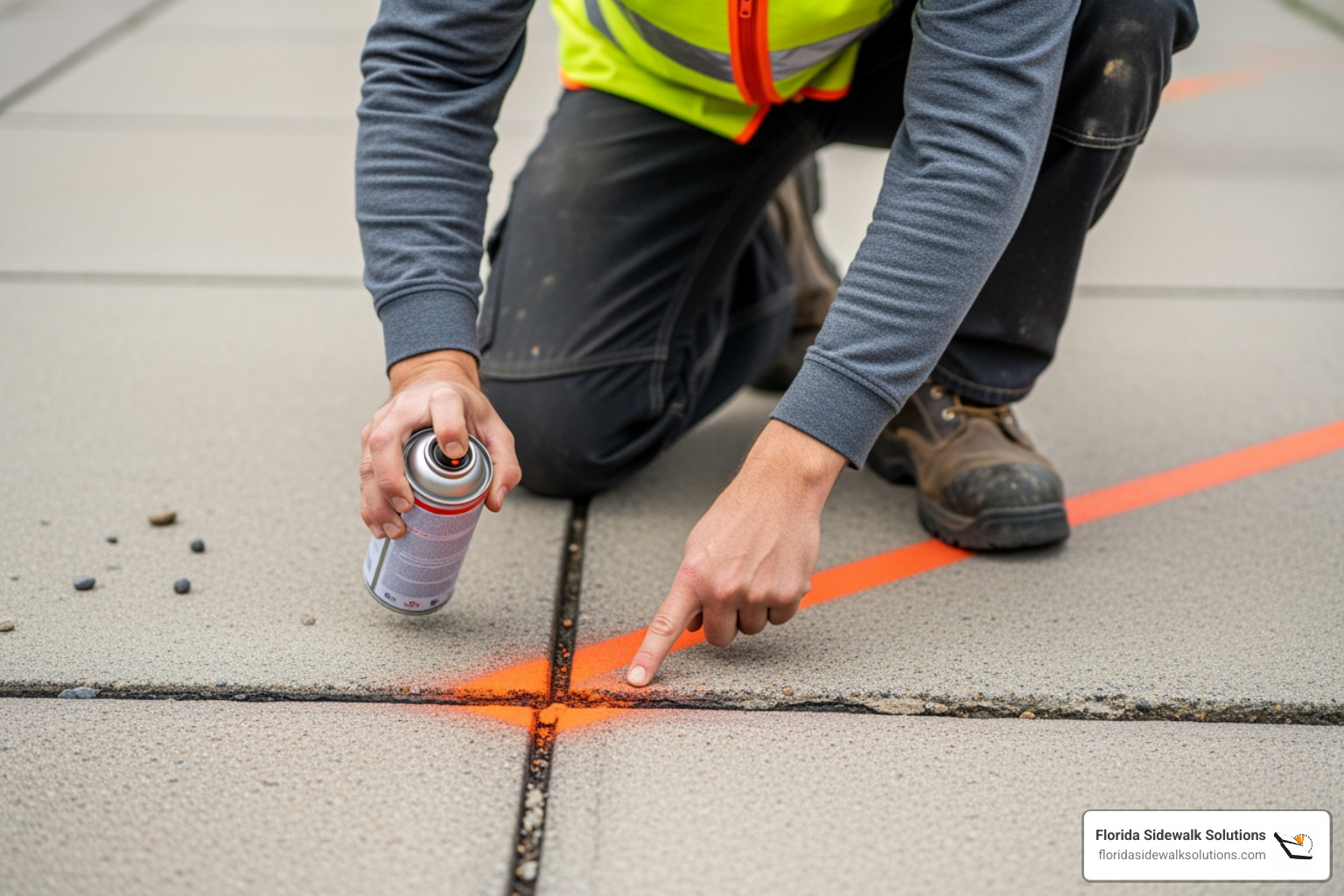 A technician marking a trip hazard on a concrete walkway for repair. - walkway contractors near me