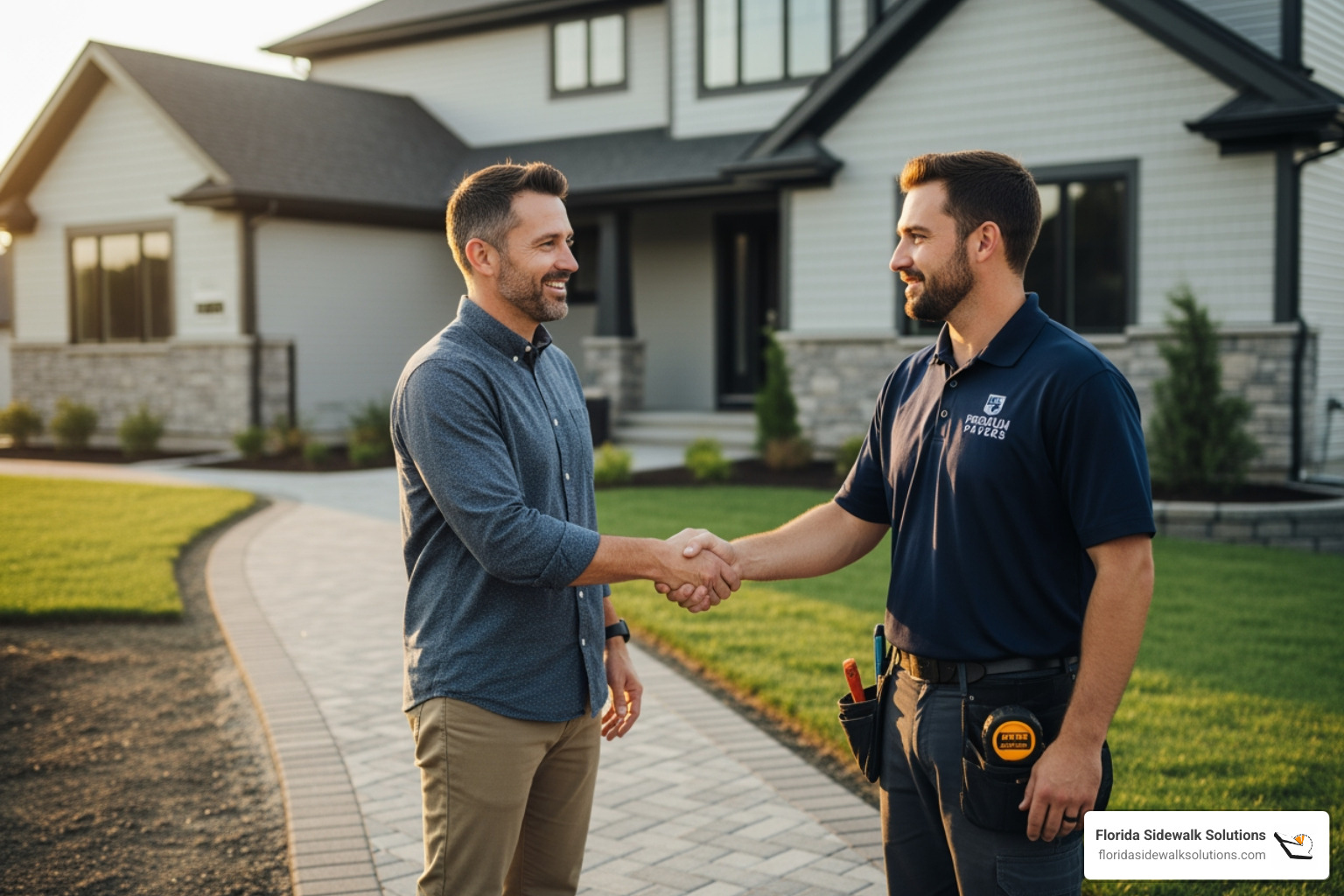 A homeowner shaking hands with a professional-looking walkway contractor. - walkway contractors near me