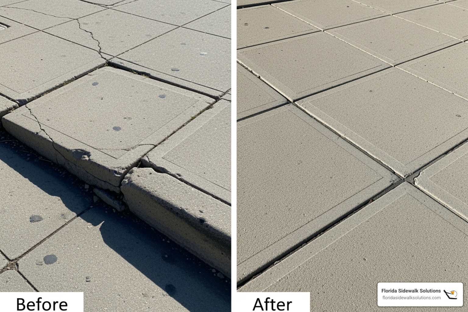 A before-and-after comparison showing a fixed trip hazard on a concrete sidewalk after precision cutting. - walkway contractors near me