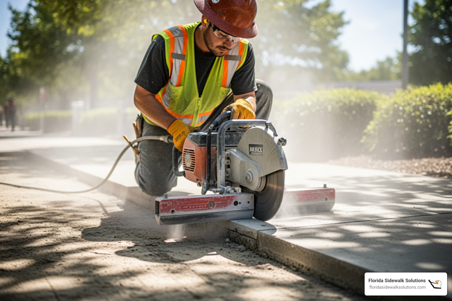A Florida Sidewalk Solutions technician using specialized equipment to level a sidewalk trip hazard. - walkway contractors near me