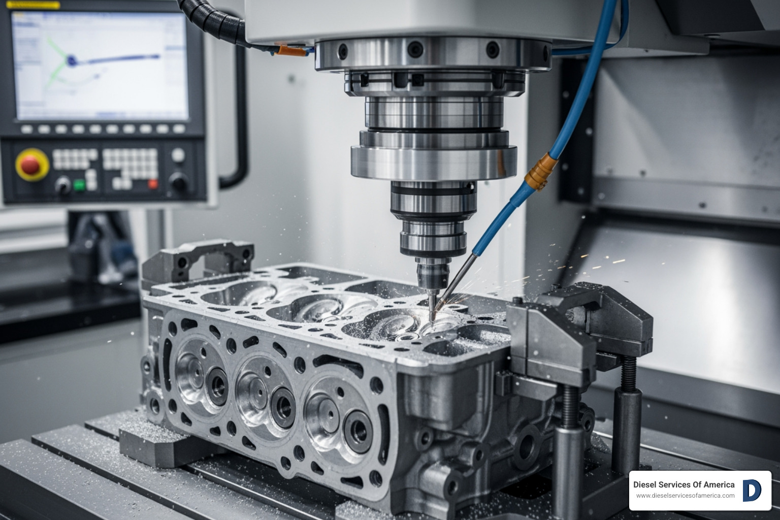 A CNC machine precisely resurfacing a cylinder head - Diesel engine cylinder head repair A CNC machine precisely resurfacing a cylinder head - Diesel engine cylinder head repair