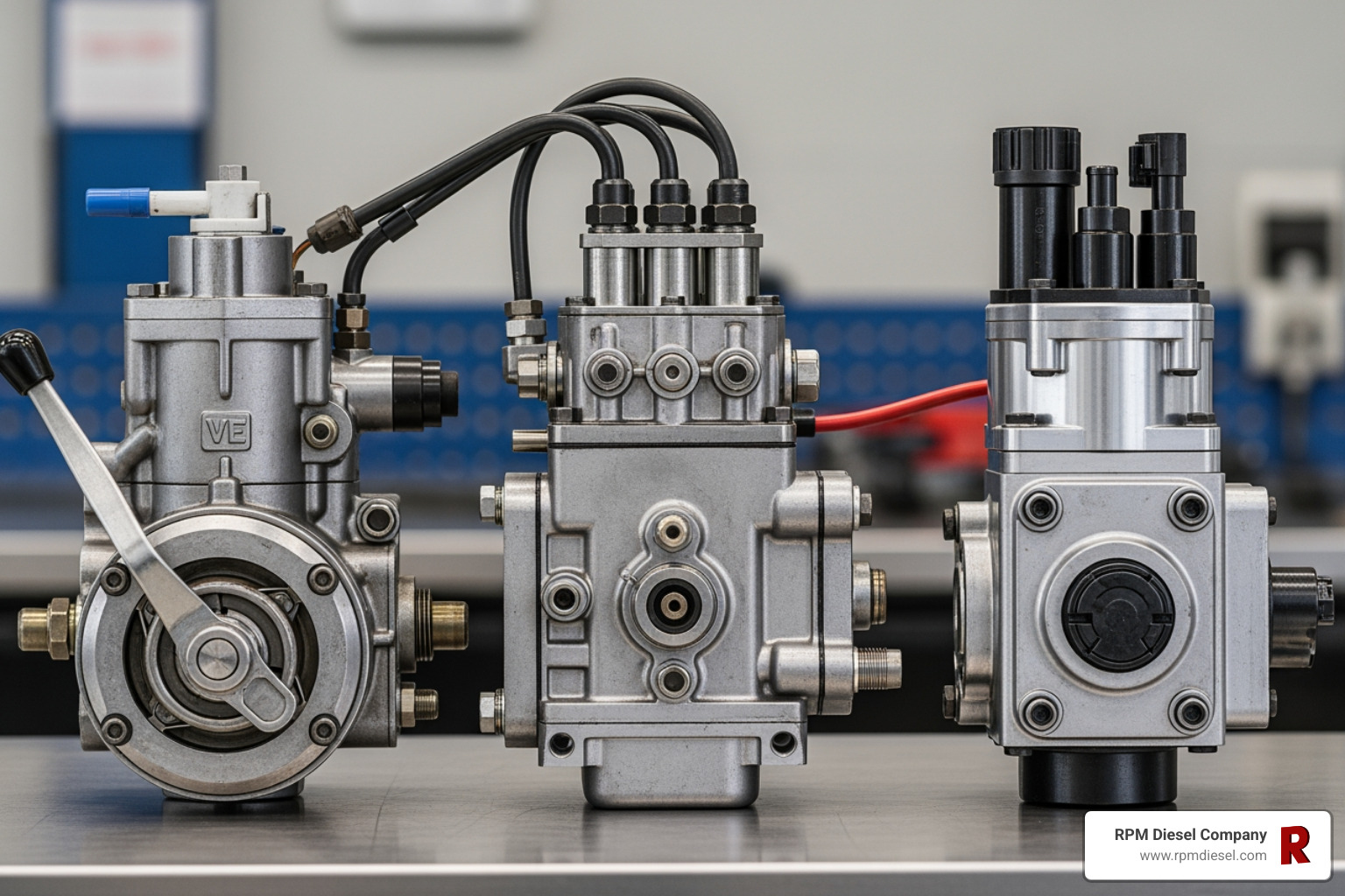 Image comparing a mechanical rotary pump, an inline pump, and a modern common rail high-pressure pump - diesel fuel pump replacement