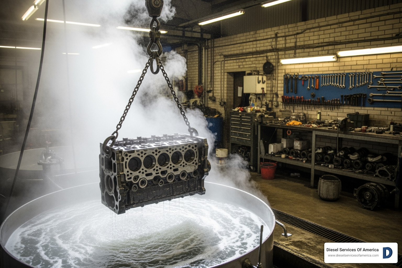 A cylinder head being lowered into a hot tank for cleaning - Diesel engine cylinder head repair A cylinder head being lowered into a hot tank for cleaning - Diesel engine cylinder head repair