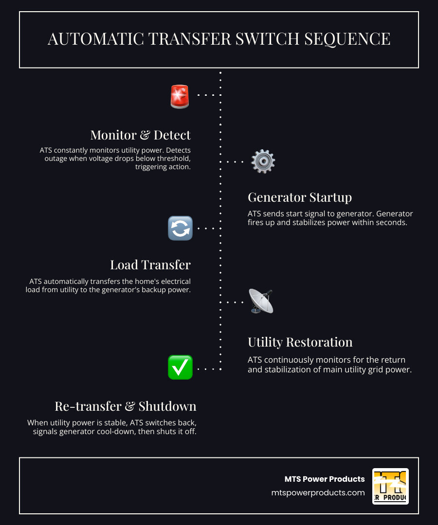 Infographic showing the automatic transfer switch sequence: 1) ATS continuously monitors utility power levels, 2) Power outage detected when voltage drops below threshold, 3) ATS sends start signal to generator, 4) Generator produces stable power within seconds, 5) ATS transfers electrical load from utility to generator automatically, 6) Generator powers essential circuits or whole home, 7) ATS monitors for utility power restoration, 8) When utility returns and stabilizes, ATS transfers load back to grid, 9) Generator enters cool-down period, 10) Generator shuts off automatically - total transfer time approximately 10 seconds or less - generators with automatic transfer switches infographic infographic-line-5-steps-dark Infographic showing the automatic transfer switch sequence: 1) ATS continuously monitors utility power levels, 2) Power outage detected when voltage drops below threshold, 3) ATS sends start signal to generator, 4) Generator produces stable power within seconds, 5) ATS transfers electrical load from utility to generator automatically, 6) Generator powers essential circuits or whole home, 7) ATS monitors for utility power restoration, 8) When utility returns and stabilizes, ATS transfers load back to grid, 9) Generator enters cool-down period, 10) Generator shuts off automatically - total transfer time approximately 10 seconds or less - generators with automatic transfer switches infographic infographic-line-5-steps-dark