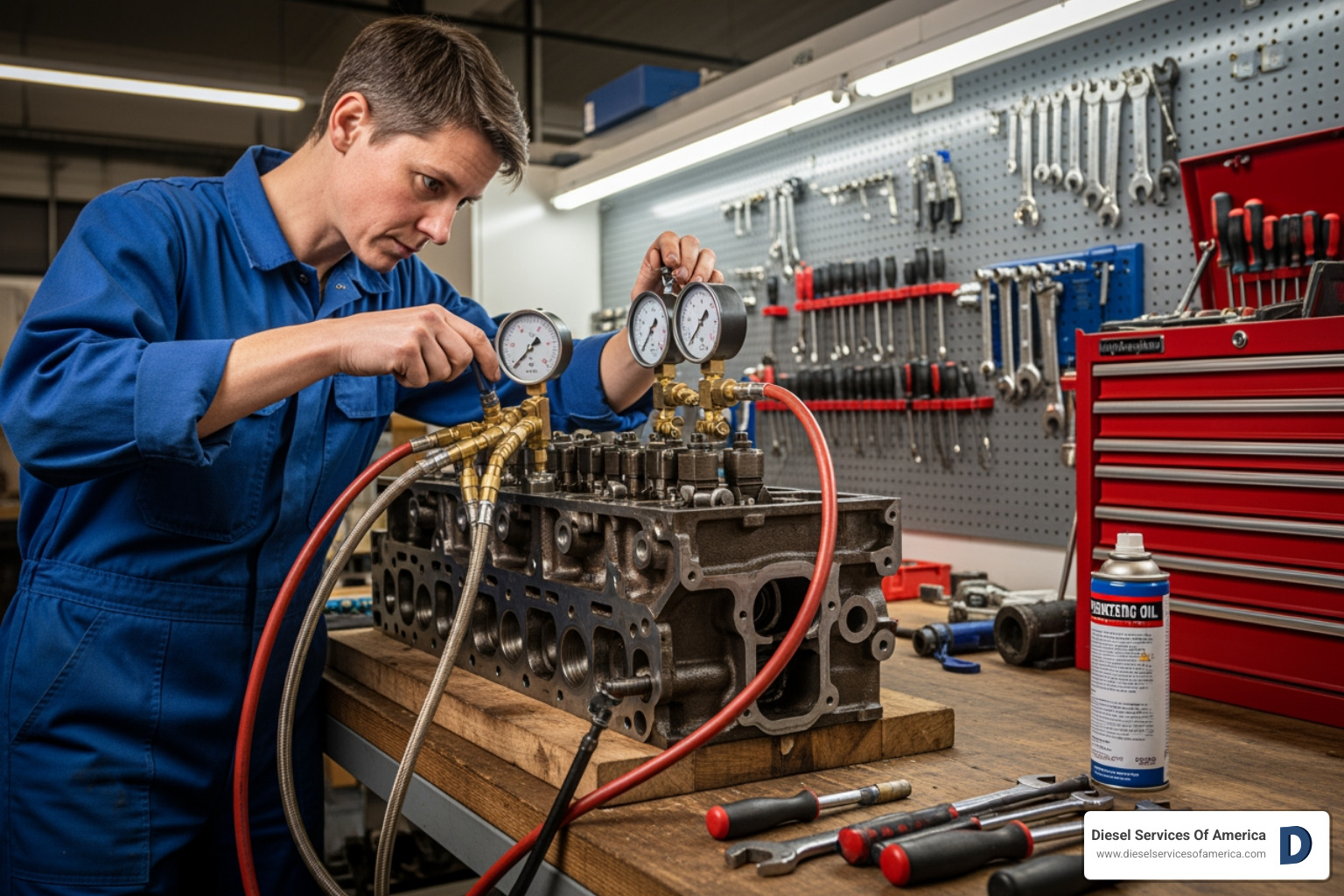 A technician performing a pressure test on a cylinder head, with gauges and hoses connected - Diesel engine cylinder head repair A technician performing a pressure test on a cylinder head, with gauges and hoses connected - Diesel engine cylinder head repair