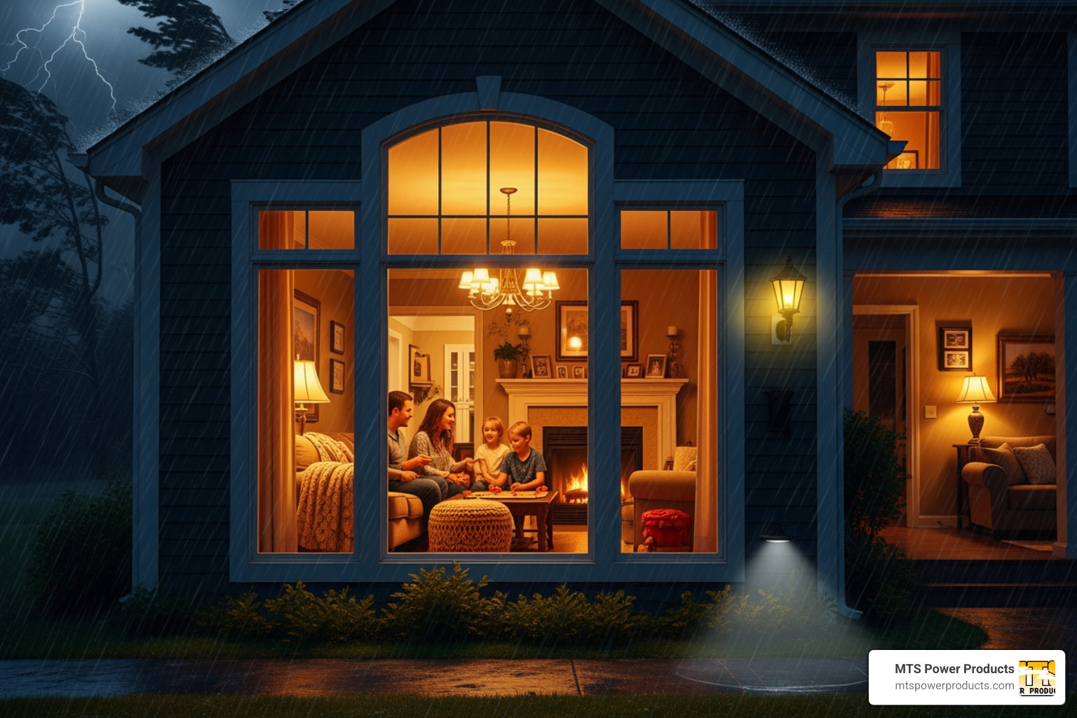 A family enjoying their powered home during a nighttime storm, viewed from outside - generators with automatic transfer switches A family enjoying their powered home during a nighttime storm, viewed from outside - generators with automatic transfer switches
